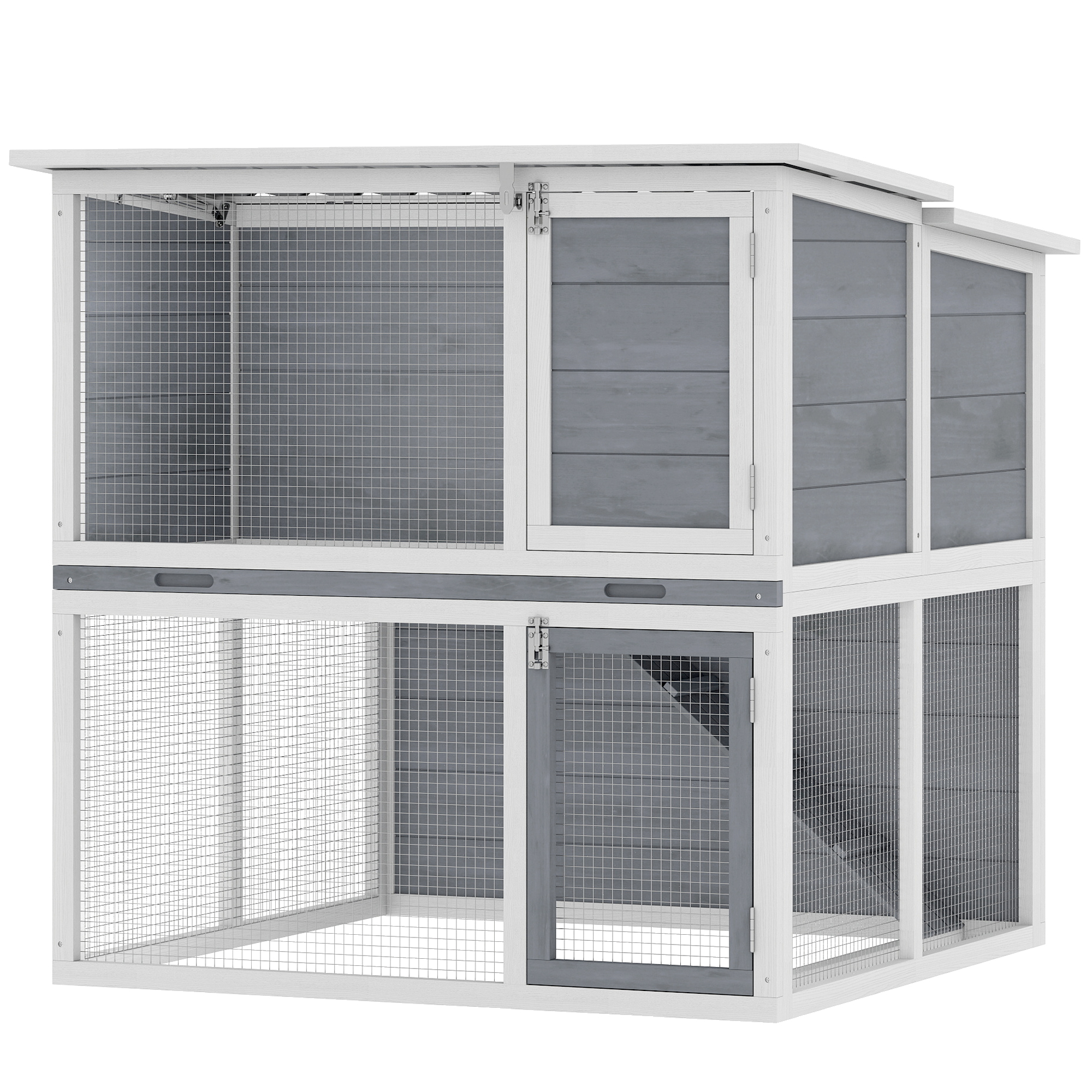 PawHut Clapier lapin extérieur cage à lapin 2 étages spacieux toit double ouverture plateau amovible 98x95x102,5cm gris
