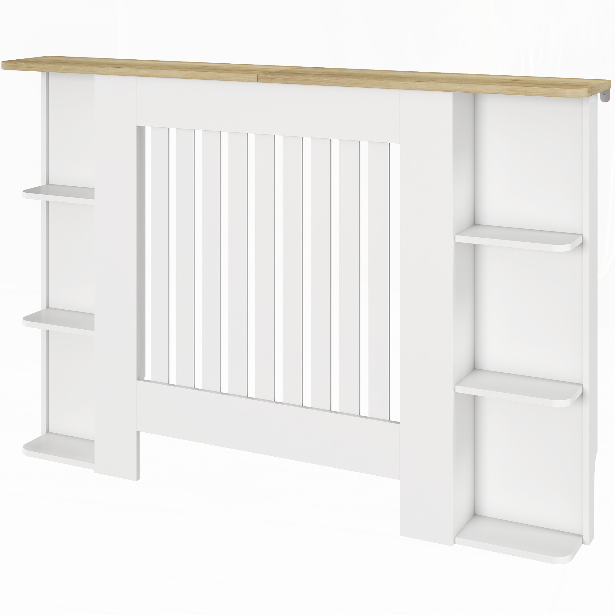HOMCOM Cache-radiateur avec étagères de rangement ouvertes, couvercle de radiateur en bois à lattes, 124x19x83cm, blanc