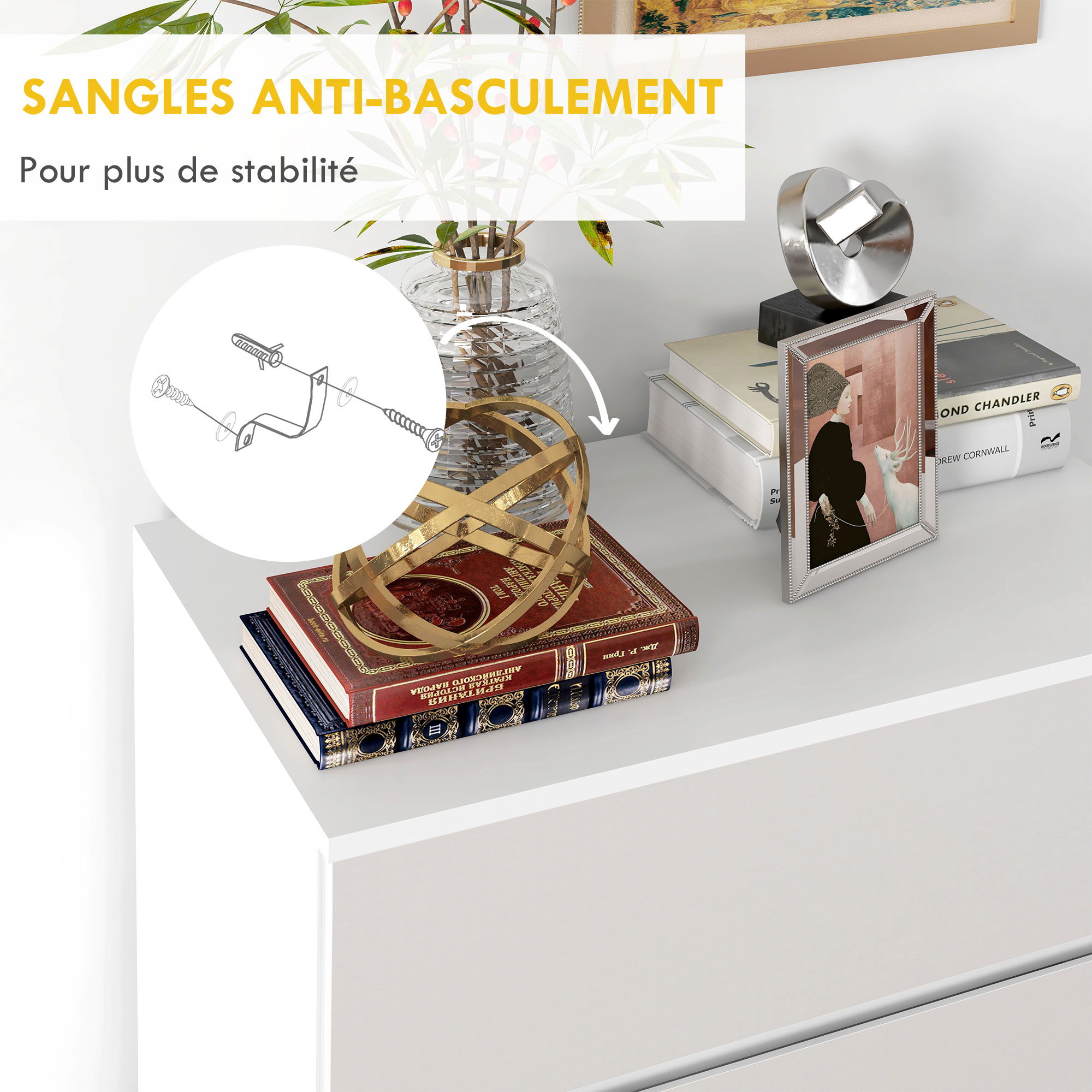 Commode 4 tiroirs commode chambre meuble de rangement épuré style moderne avec mécanisme de fermeture en douceur, pour chambre à coucher, salon - 60 x 40 x 80 cm, blanc