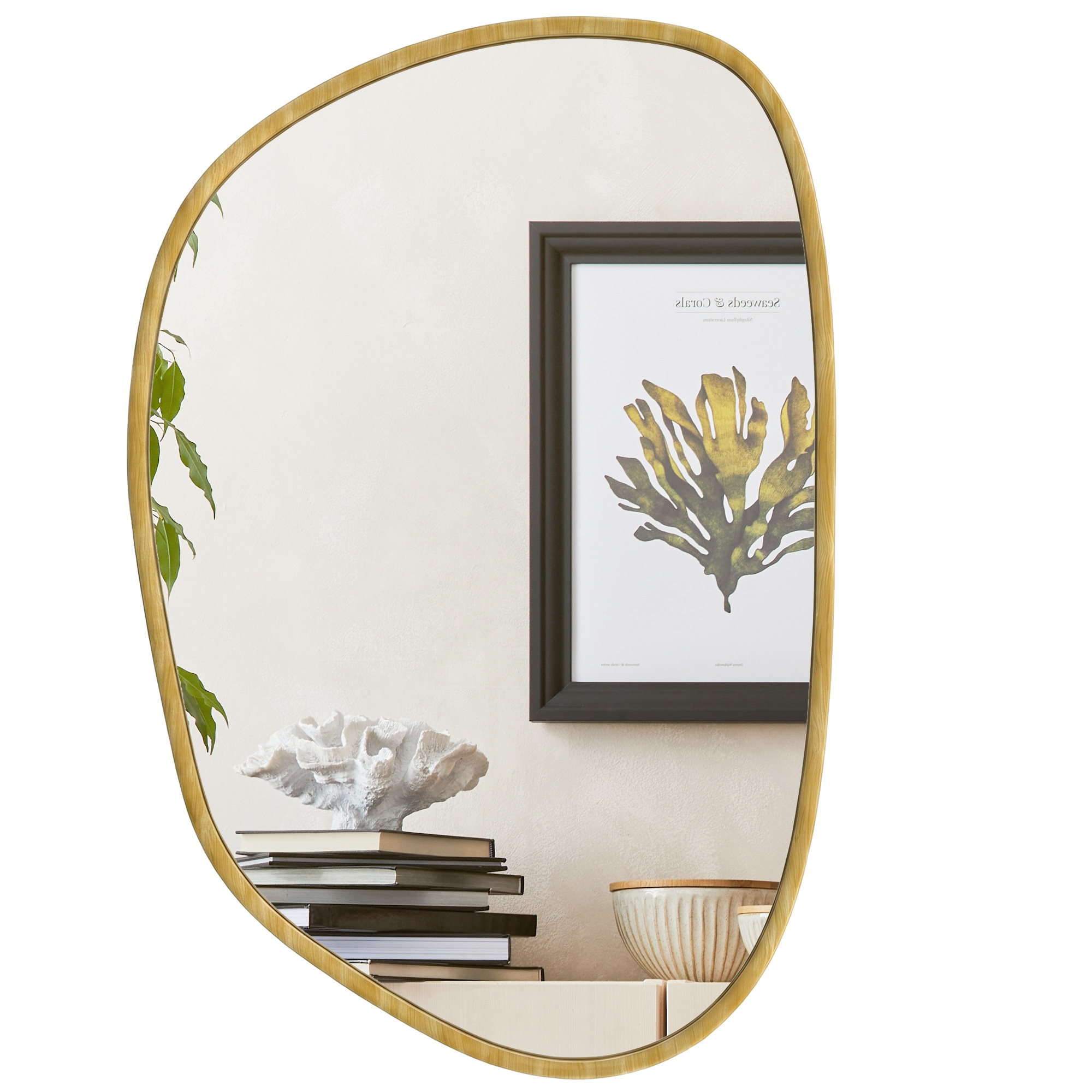 HOMCOM Miroir mural, miroir décoratif asymétrique 90x60cm en verre trempé pour salle de bain, chambre, salon, couloir, naturel
