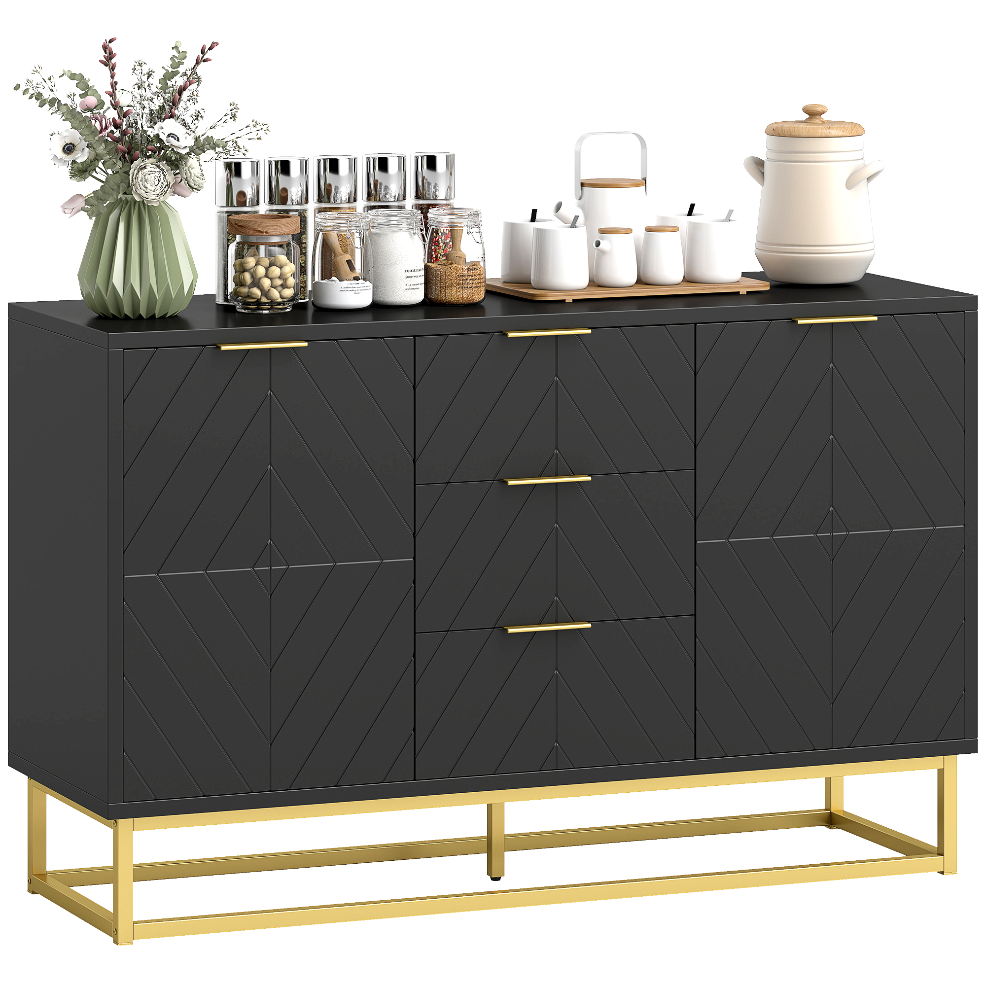 HOMCOM Buffet design contemporain graphique 2 placards porte étagères réglables 3 tiroirs coulissants en bois noir métal doré