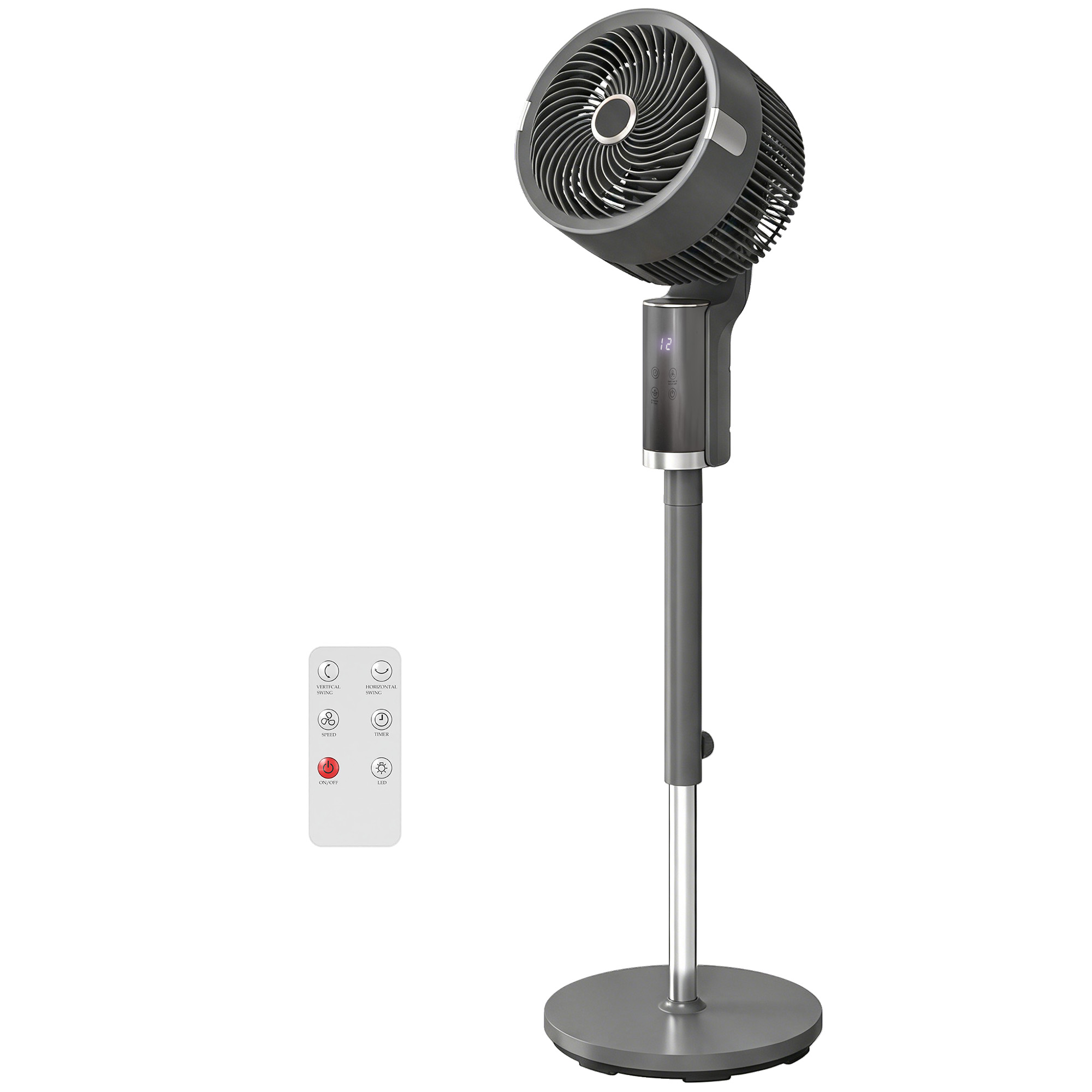 HOMCOM Ventilateur sur pied Circulateur d'air Ventilateur 8 vitesses Affichage LED Télécommande Minuterie Oscillation 90° Gris
