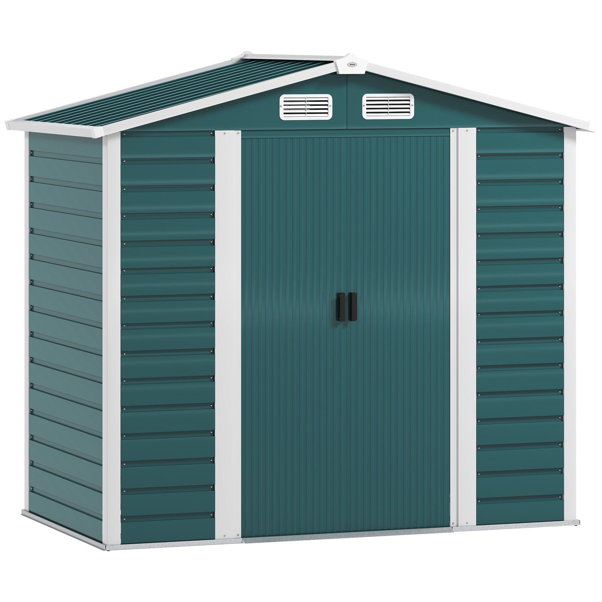 Outsunny Gartenhaus 2,36 m² aus Stahlblech mit 4 Lüftungsöffnungen und 2 Schiebetüren, Gerätehaus mit geneigtem Dach, Vorhängeschloss und Handschuhen, 213x120x194 cm, Grün Aosom