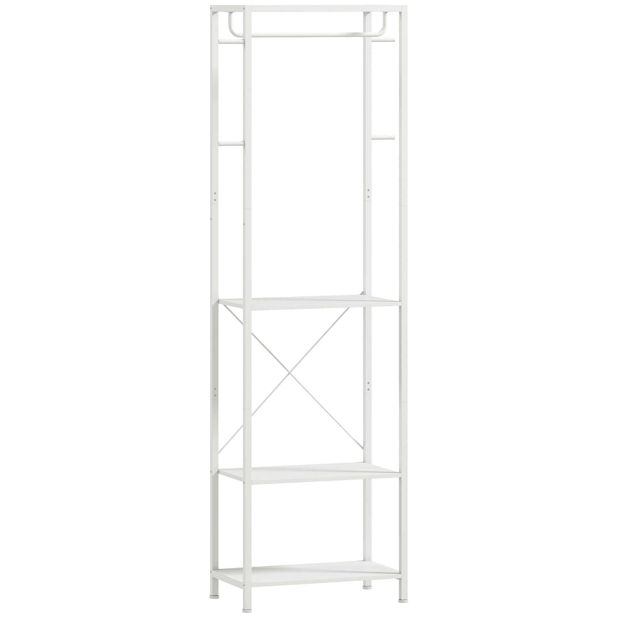 HOMCOM Cuiere de Intrare cu Suport pentru Încălțăminte, Bară pentru Haine, 4 Cârlige, Raft Superior și 2 Rafturi pentru Încălțăminte, 52x30x180 cm, Alb | Aosom Romania