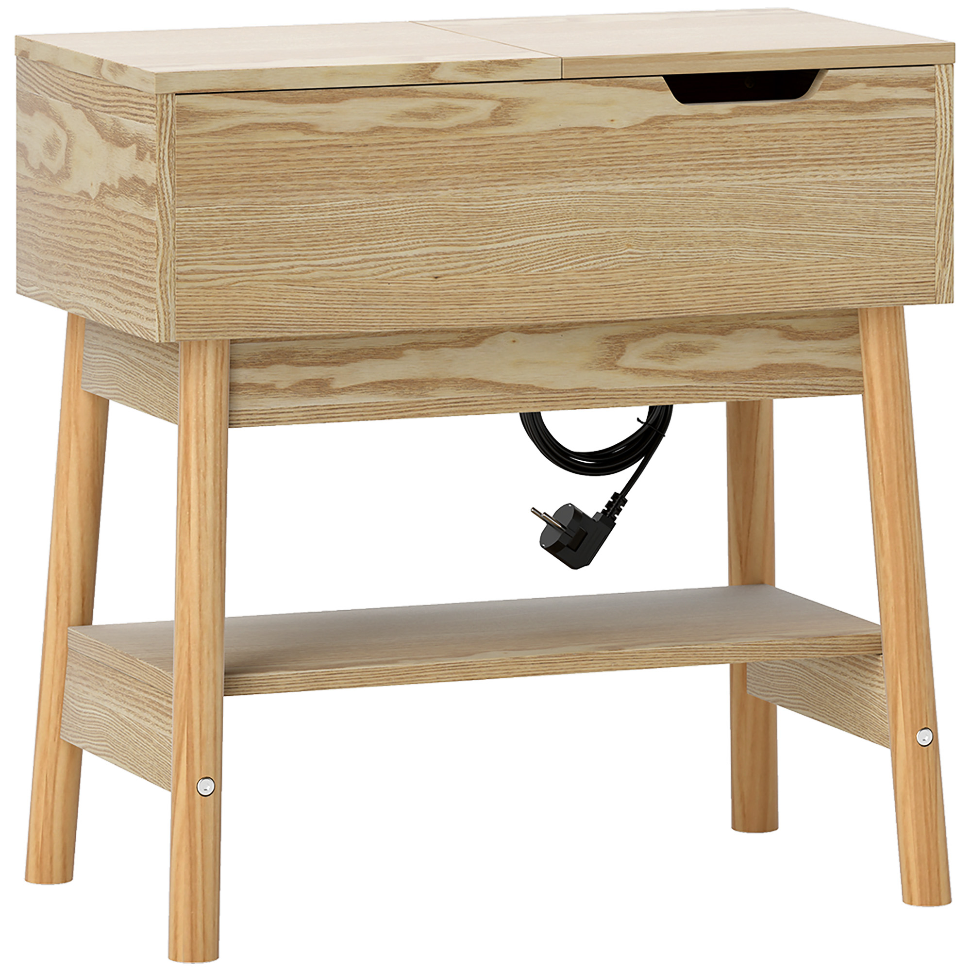 HOMCOM Măsuță de Sufragerie cu 2 Prize CA, Porturi USB, Raft Rabatabil și Raft Deschis, 30x60x60,5 cm, Natural | Aosom Romania