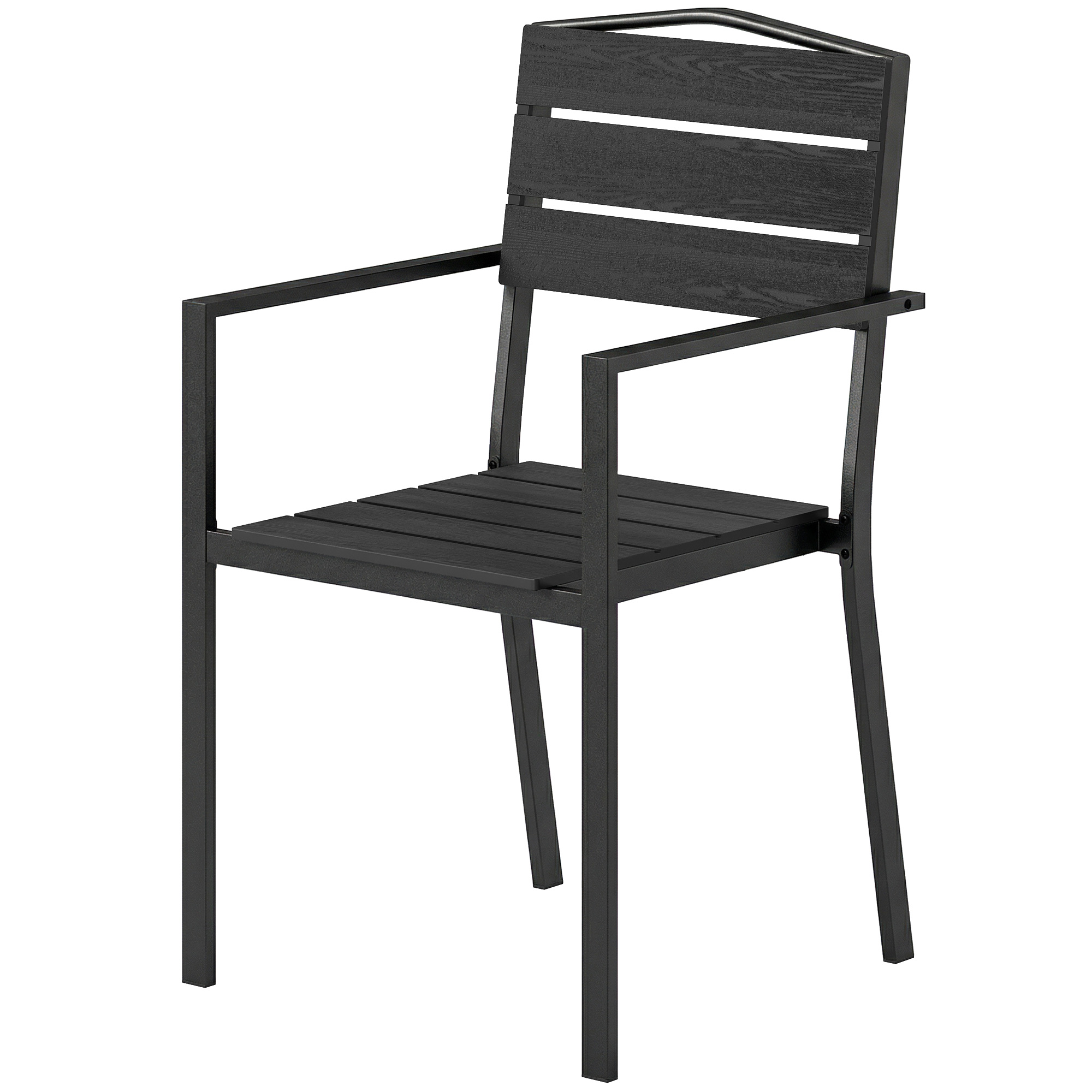 Outsunny Ensemble de 4 chaises de jardin empilables, avec assise et dossier en HDPE à lattes, accoudoirs, structure en métal, noir