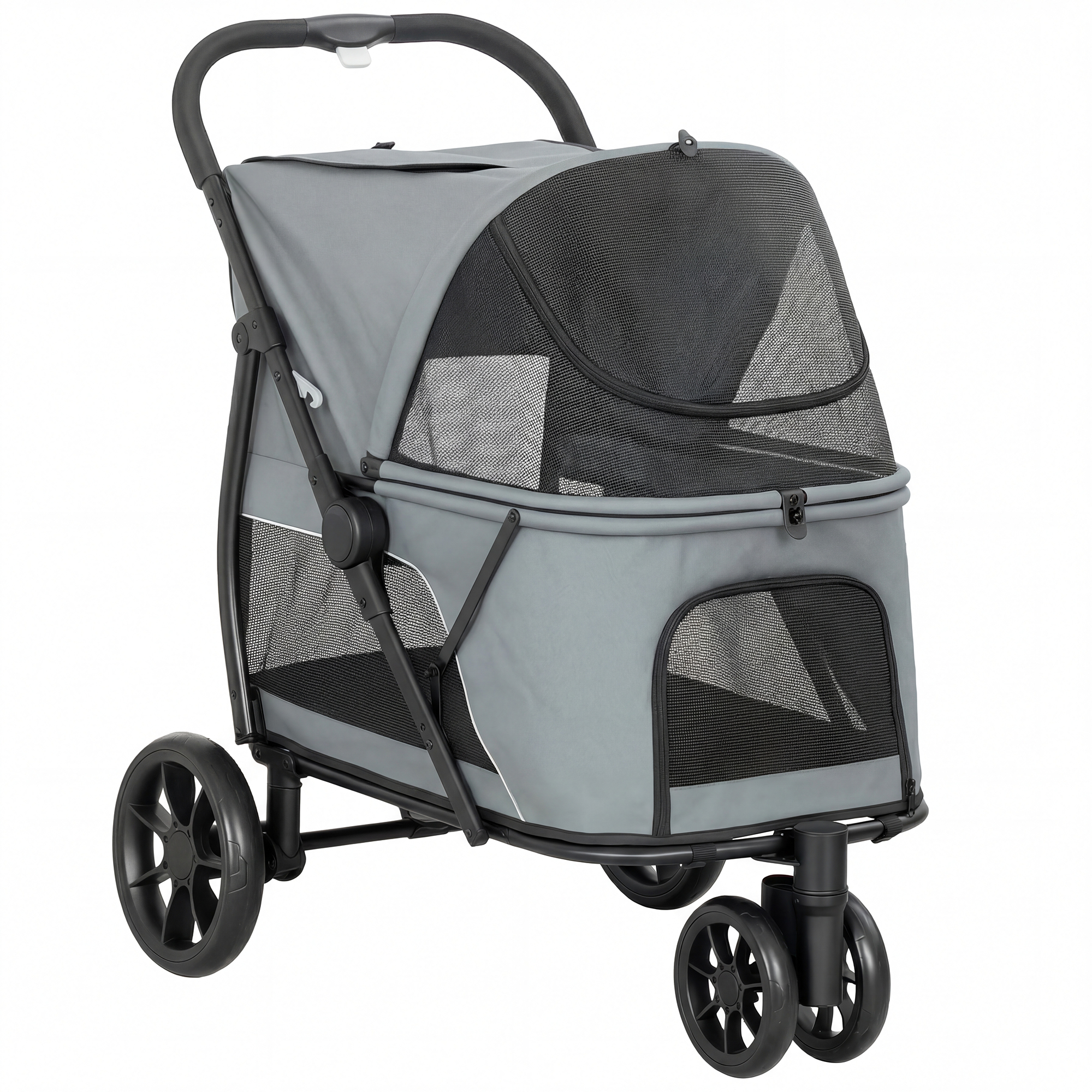 PawHut Carrinho para Cães Dobrável com 3 Rodas Janelas de Rede Almofada Lavável Todo-o-Terreno Carga 20 kg 92x63x95 cm Cinzento