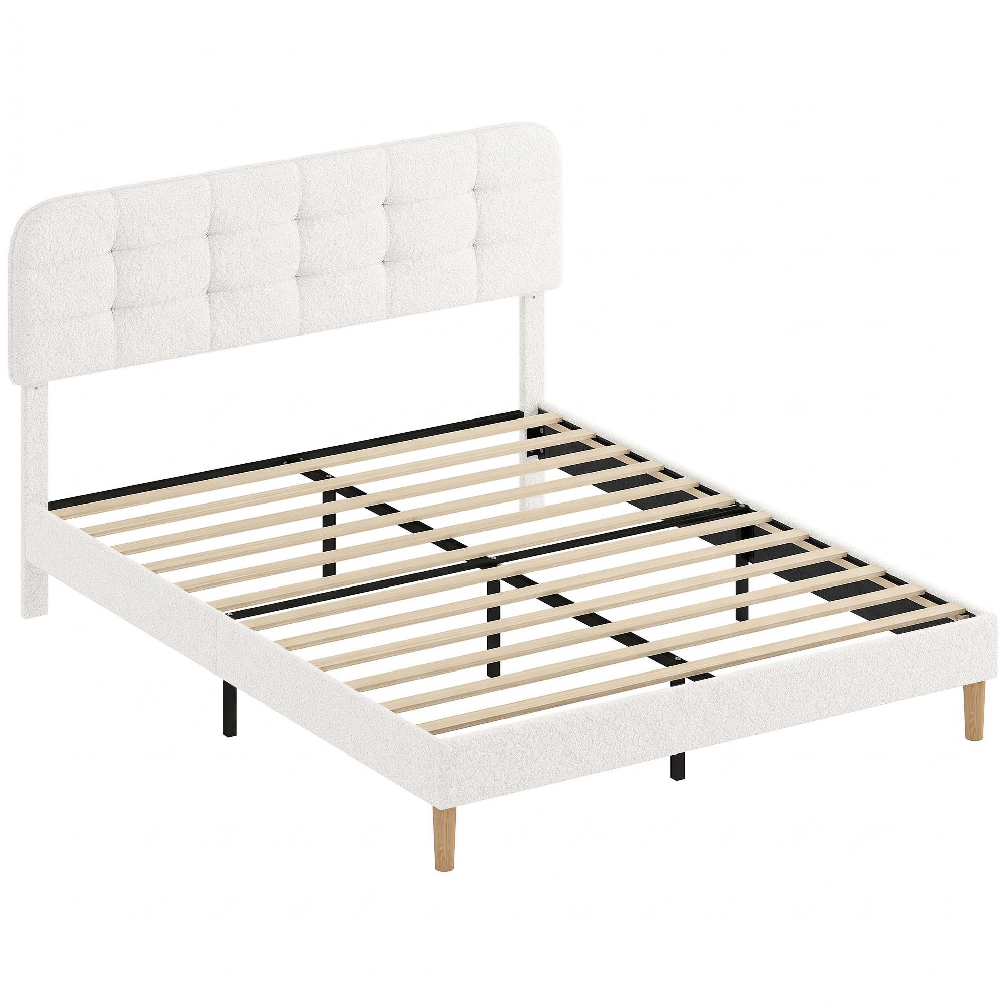 HOMCOM Cadru de pat 160x200cm cu somieră, tăblie reglabilă, pat dublu tapițat în velur teddy, lamele din lemn, alb | Aosom Romania