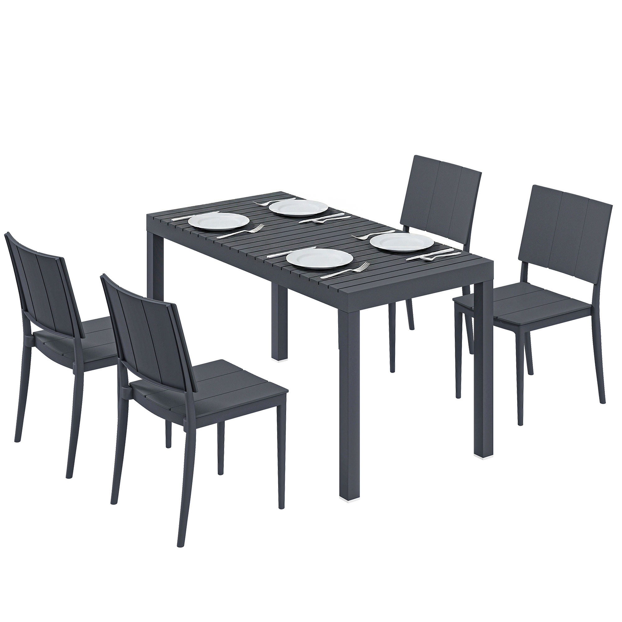Outsunny Salon de Jardin 4 Personnes avec Chaises Empilables Plateau à Lattes PP Gris Anthracite