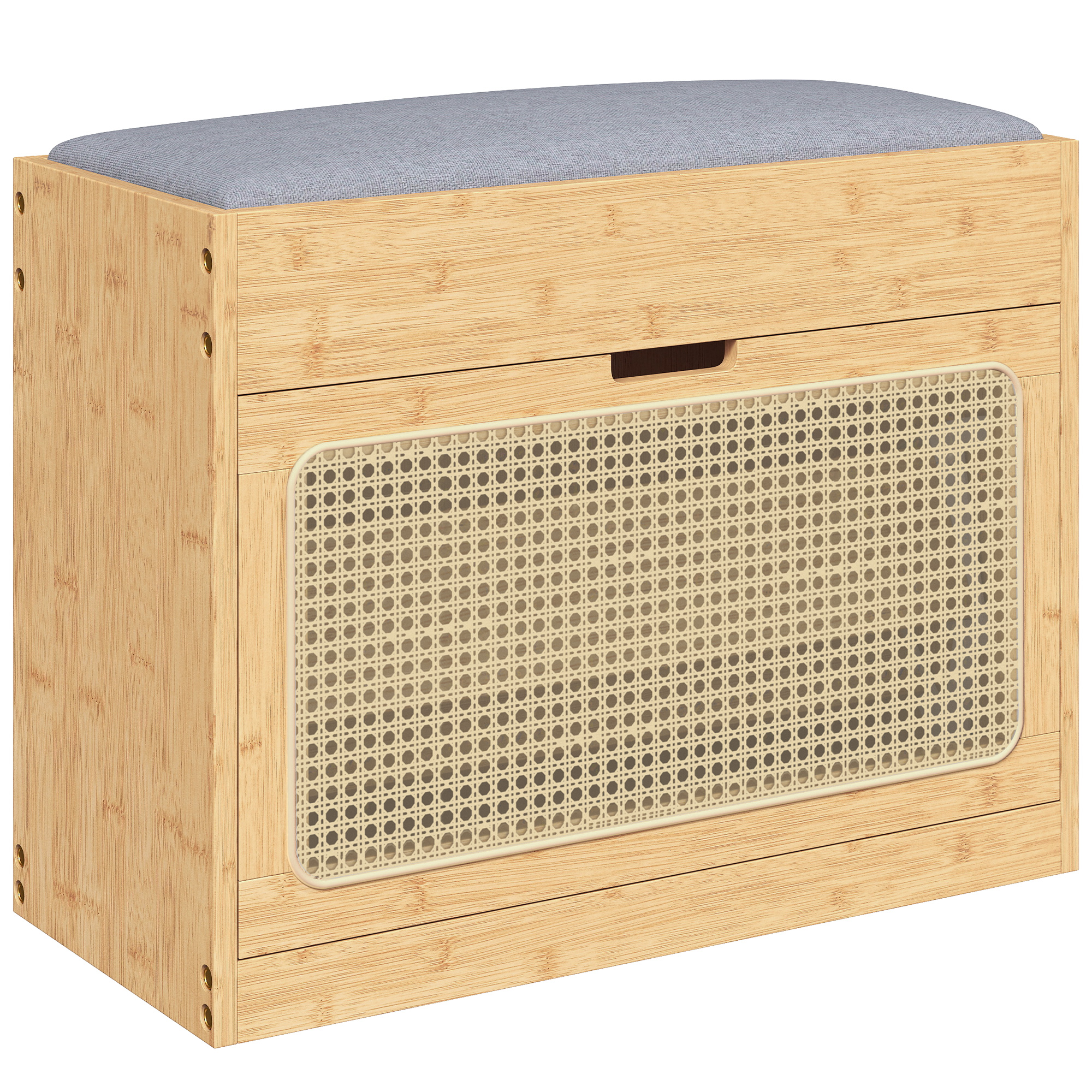 HOMCOM Banc chaussures entrée, banc de rangement en bambou, assise rembourrée, porte en rotin et étagère réglable, bois naturel