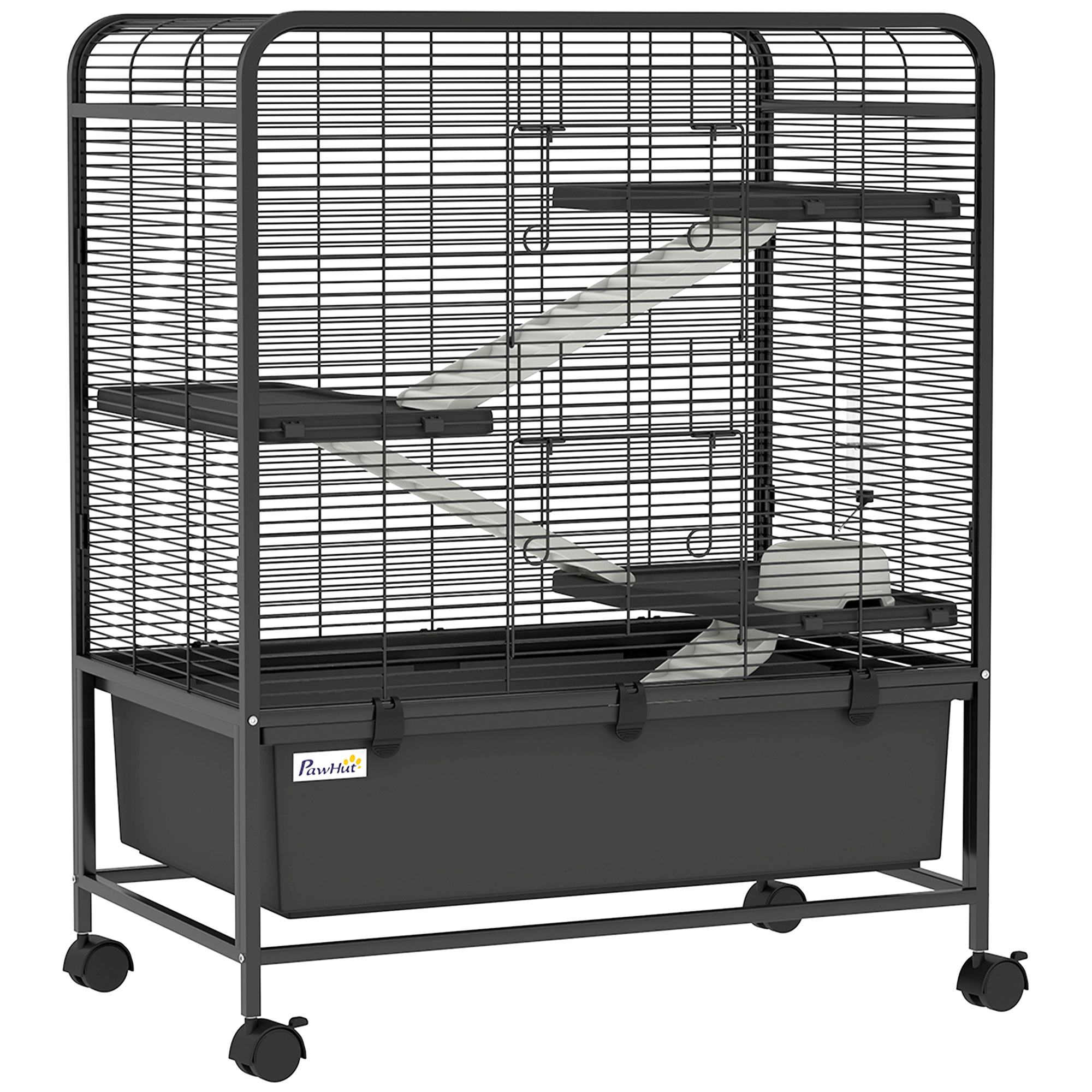 PawHut Cage pour Rongeurs sur Roulantes, 4 Niveaux, 3 Plateformes, 3 Rampes, Bouteille d'Eau, 75x46x94,5cm, Noir