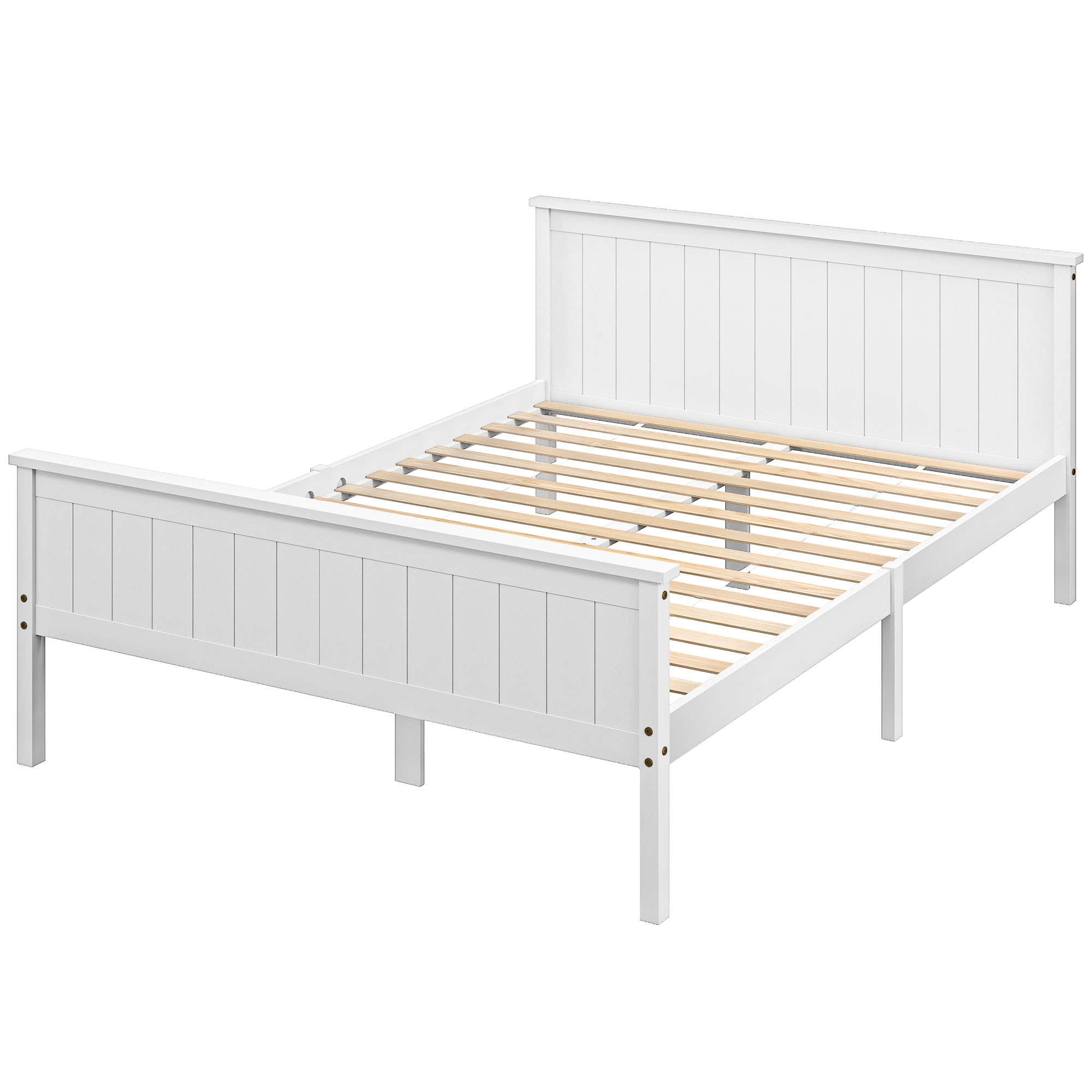 HOMCOM Cadre de lit 150 x 210 cm, lit simple en bois massif avec sommier à lattes tête et pied inclus, assemblage facile, blanc