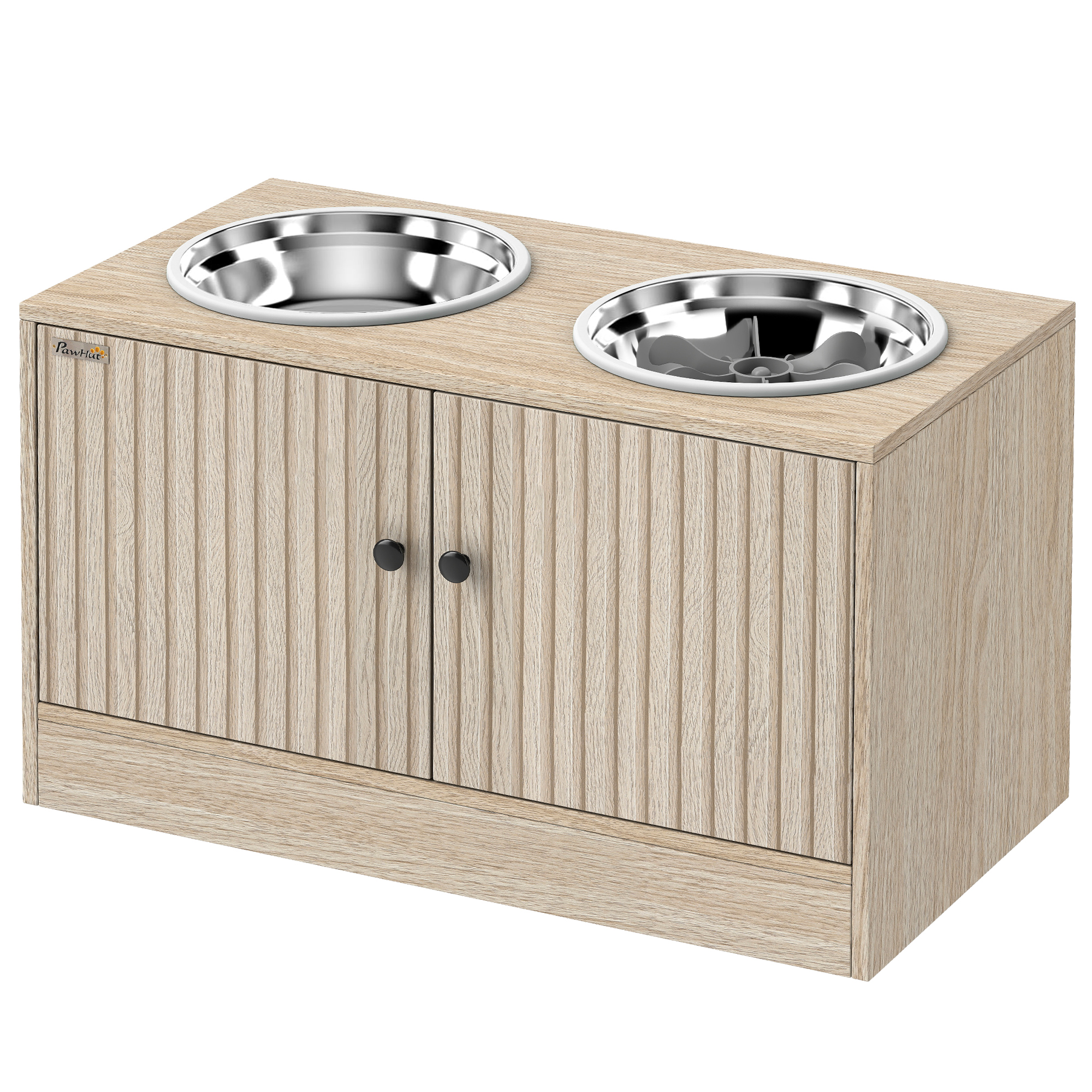PawHut Gamelles pour chiens surélevées porte-gamelles avec rangement de 40L, 2 bols en acier inoxydable 60 x 30 x 35,5 cm chêne