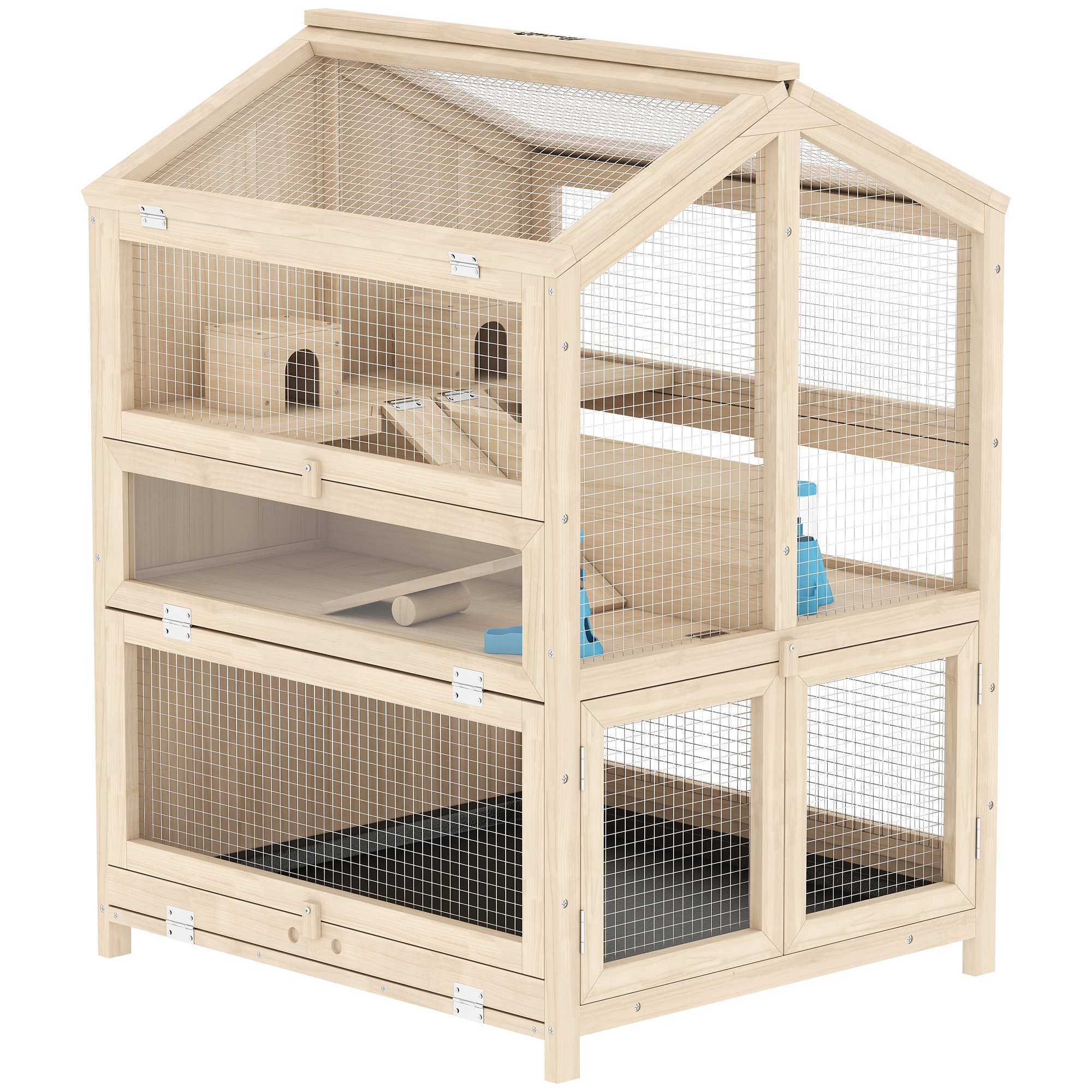 PawHut Cage Hamster 3 Étages en Bois avec Bac Amovible, Couvercle Ouvrant, Bascule, Cabane, Fenêtre, 68x61,5x90cm, Naturel