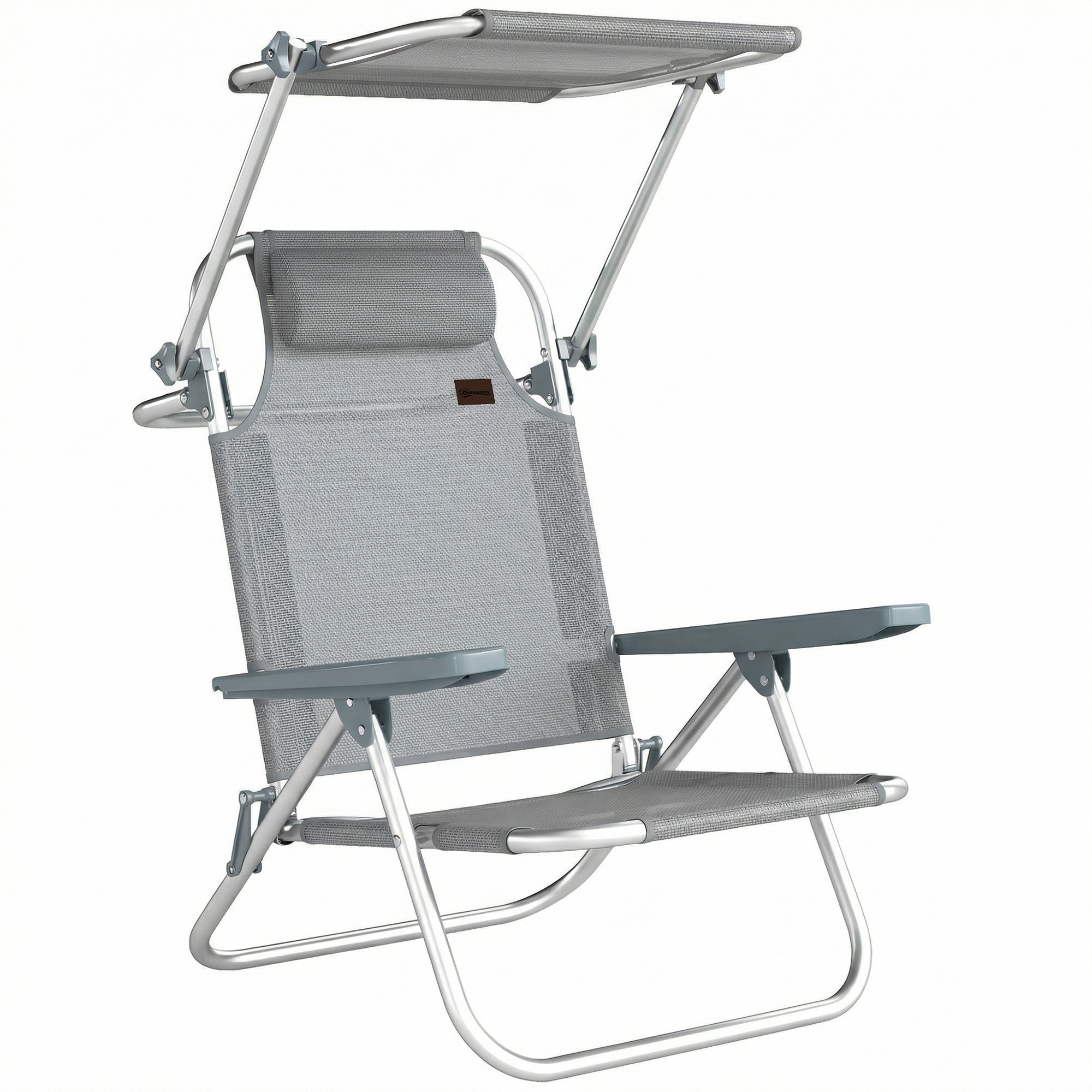 Outsunny Șezlong Reclinabil cu 6 Nivele, Copertină Reglabilă și Tetieră, din Aluminiu și Plasă, 62x68x79, Gri | Aosom Romania