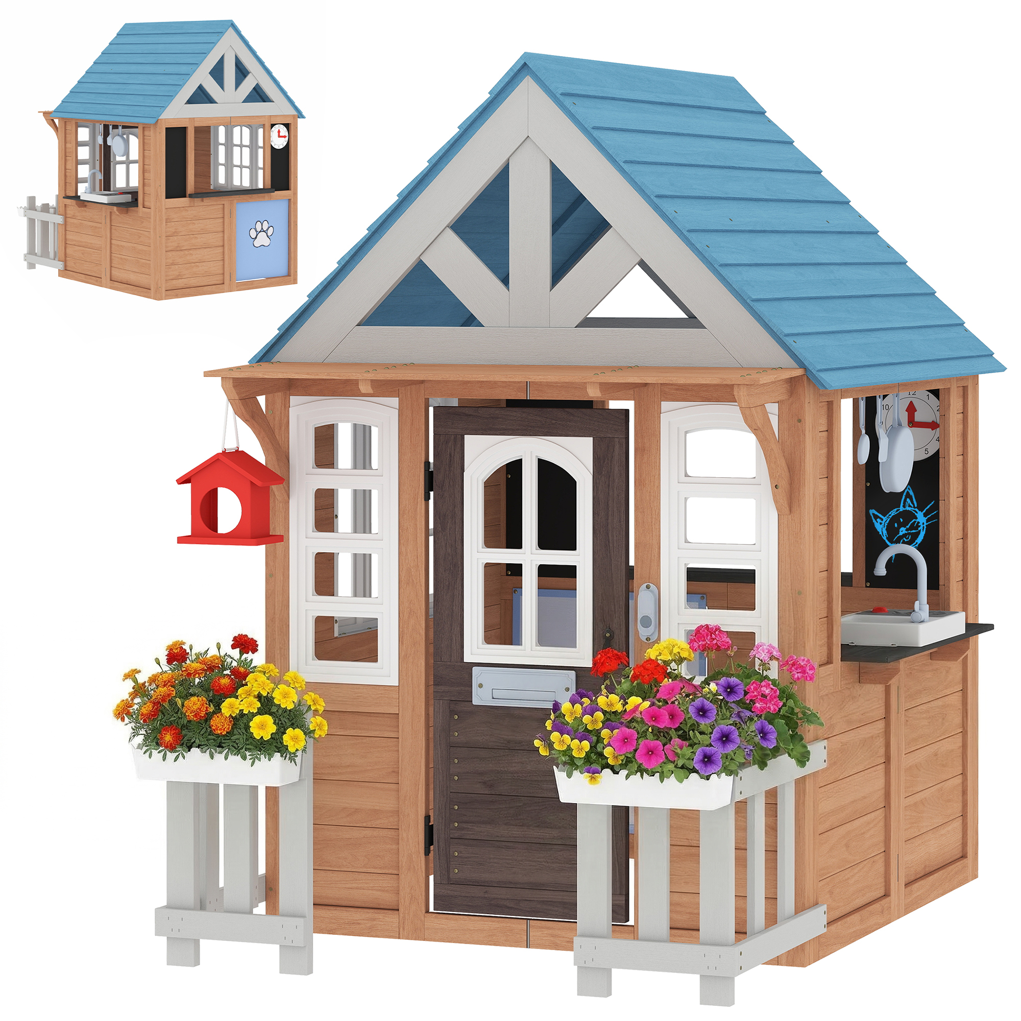 AIYAPLAY Cabane enfant extérieur en bois, maison enfant extérieure/intérieure avec chatière, cuisine de jeu, marron