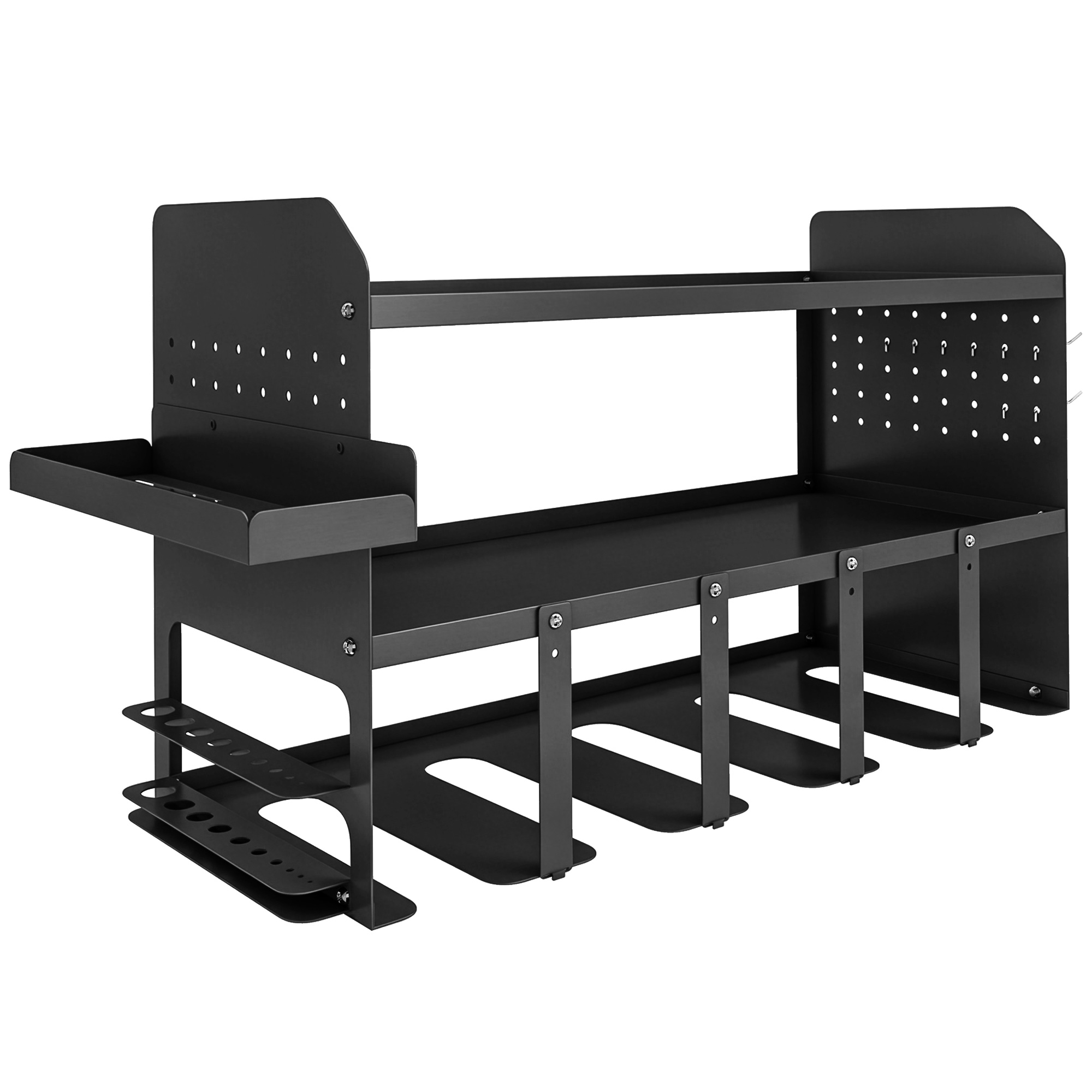 Outsunny Organizer narzędzi ogrodowych 2-poziomowy stojak na narzędzia z hakami boczna półka do 50 kg 61,8 x 23 x 32,7cm Czarny | Aosom PL