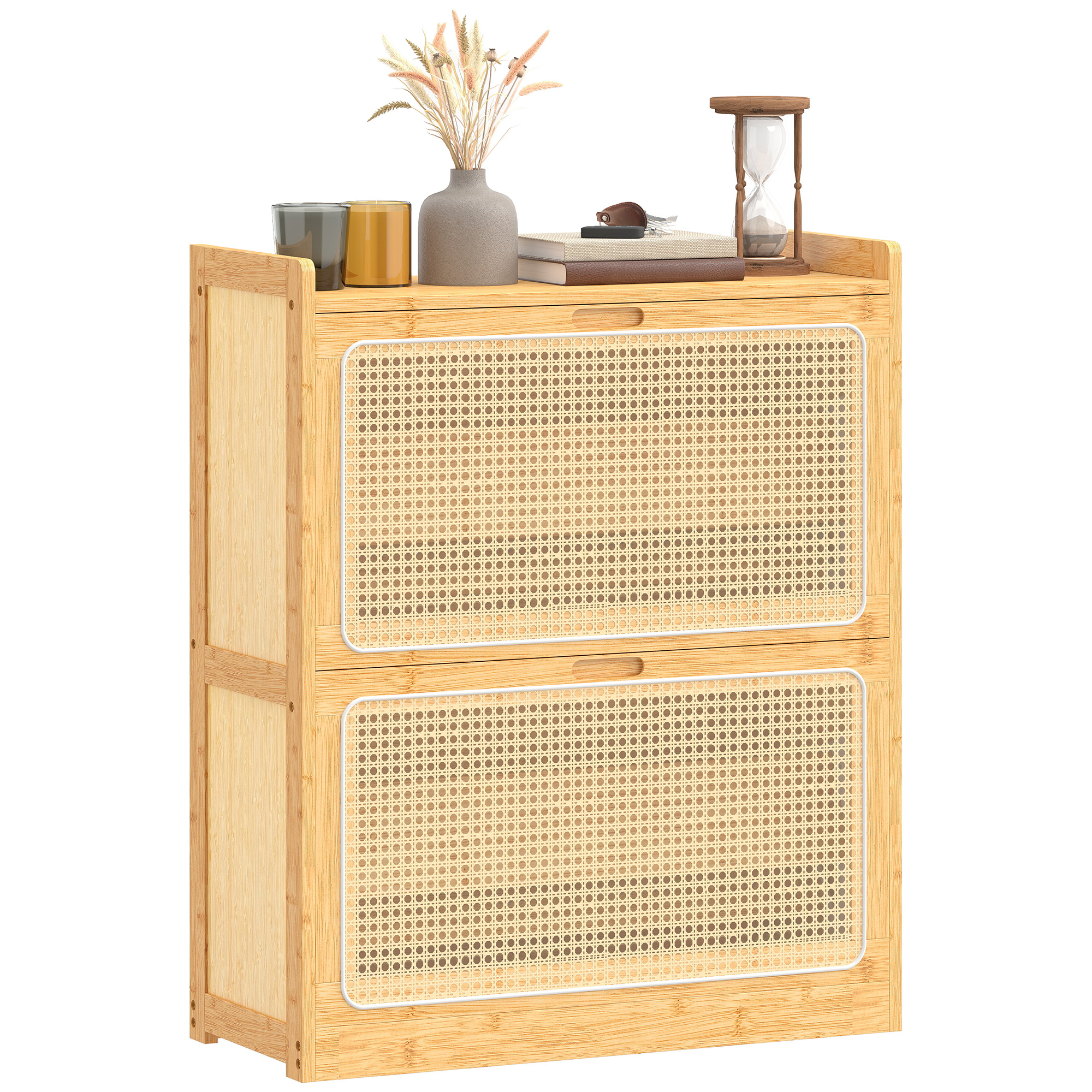 HOMCOM Meuble à chaussures 14 paires, armoire à chaussures 2 tiroirs rabattables, étagères réglables, 69x29x83cm, bois naturel