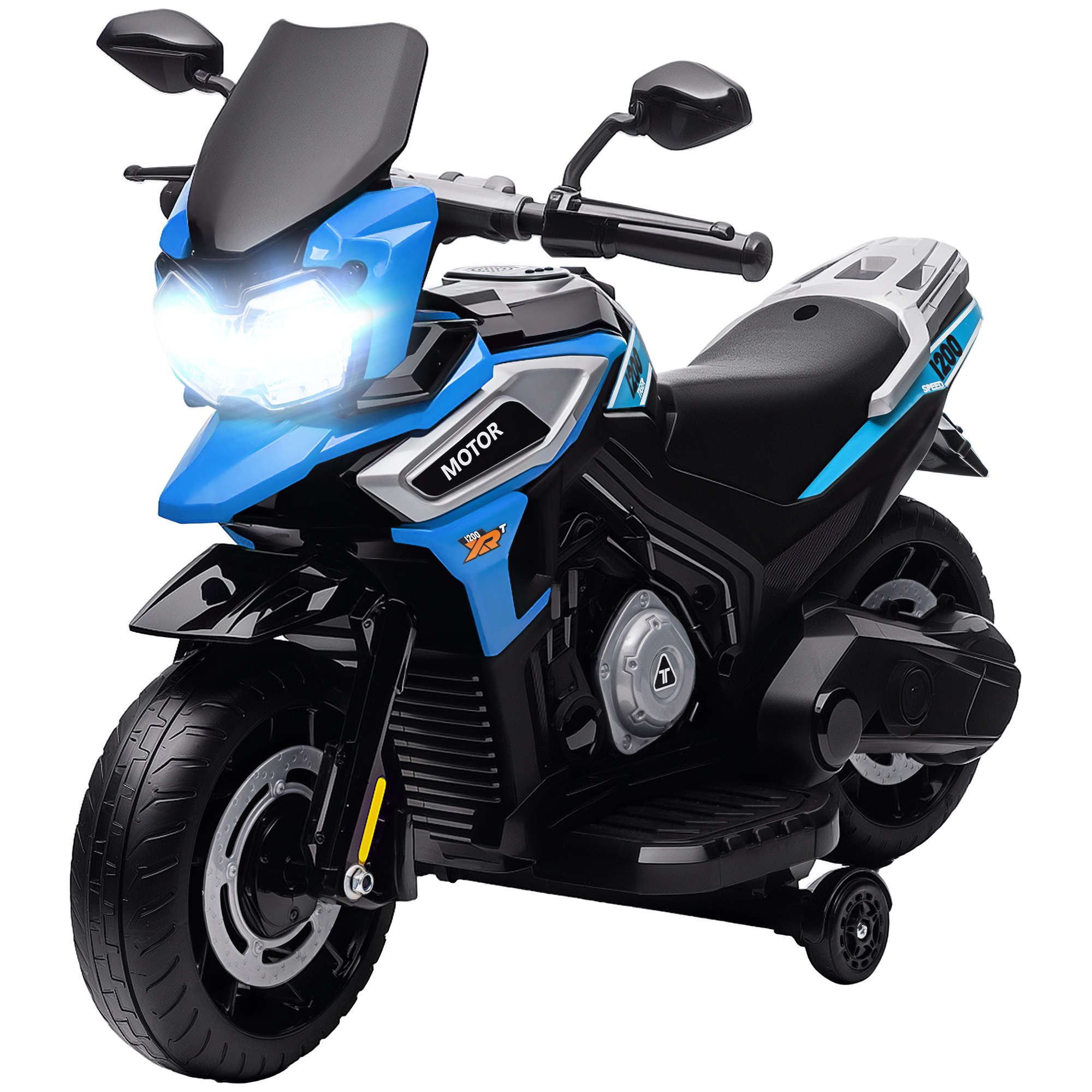 AIYAPLAY Moto électrique enfants 6 V, voiture électrique enfants avec roues d'entraînement, musique, effets lumineux, bleu