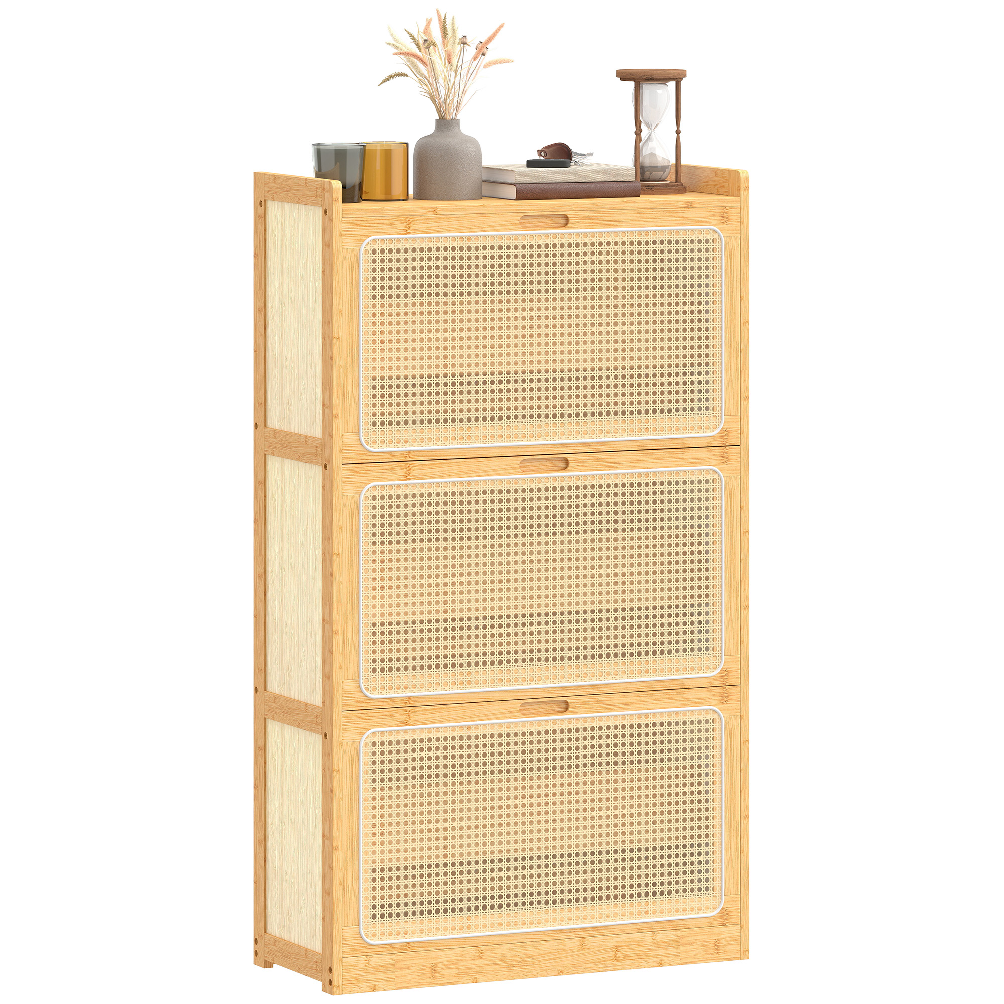 HOMCOM Meuble à chaussures 14 paires, armoire à chaussures 3 tiroirs rabattables, étagères réglables 69x29x119,8cm bois naturel