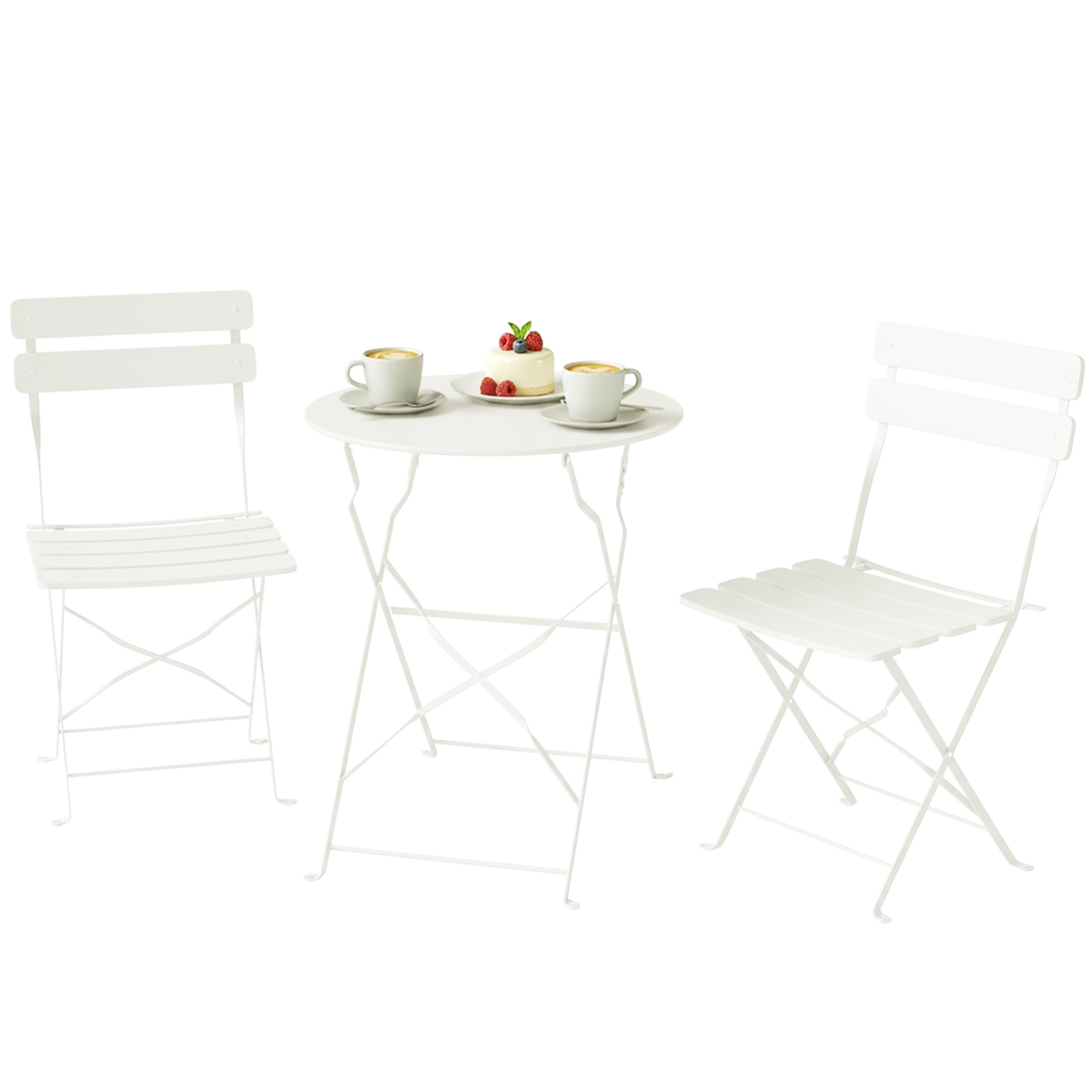 Outsunny Ensemble Bistrot de Jardin 3 Pièces Table et 2 Chaises Pliantes à Lattes Double Protection Antirouille Crème