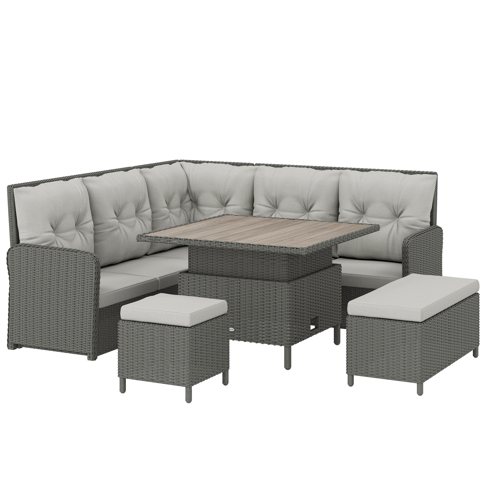 Outsunny Rattan Sofa Set, 6-Piece Outdoor PE Rattan Wicker Sofa with Liftable Coffee Table, Patio Garden Sectional Corner Furniture, Cream   Aosom UK