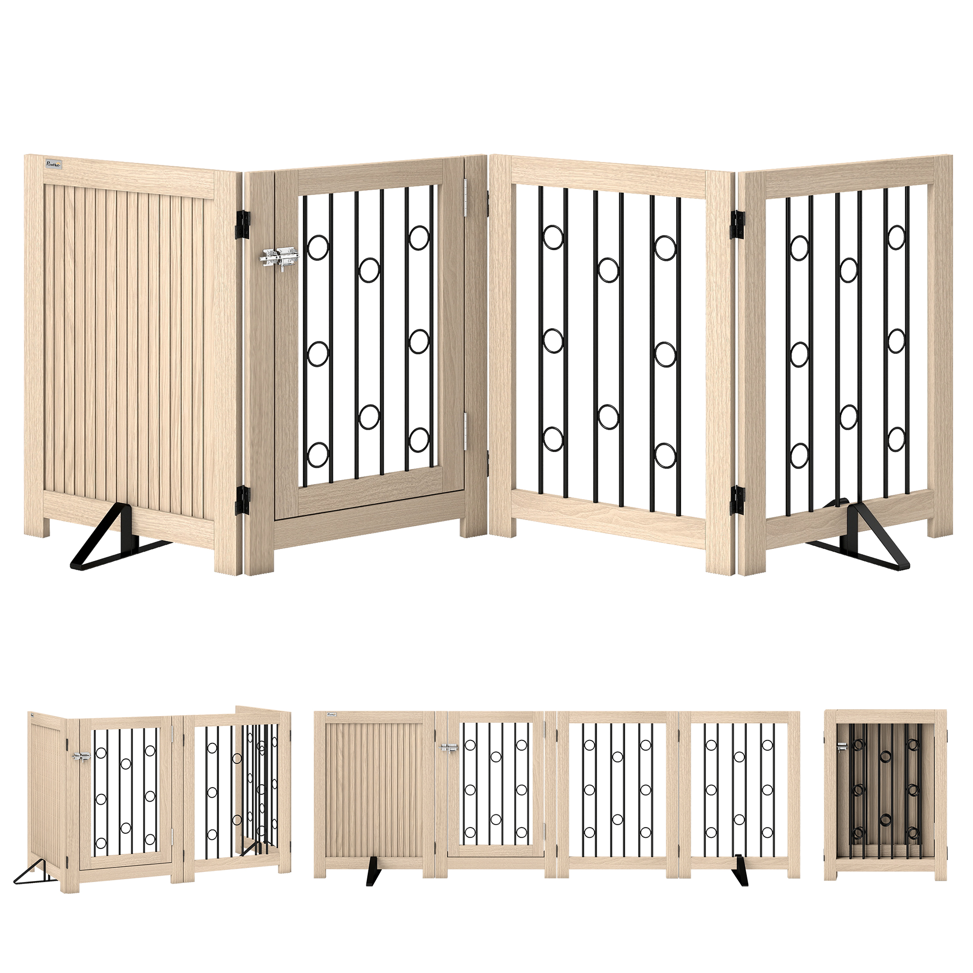 PawHut 4 Panel Freestanding Pet Gate, Indoor Dog Barrier with Lockable Door, Support Feet, 360° Flexible Hinges, Oak
