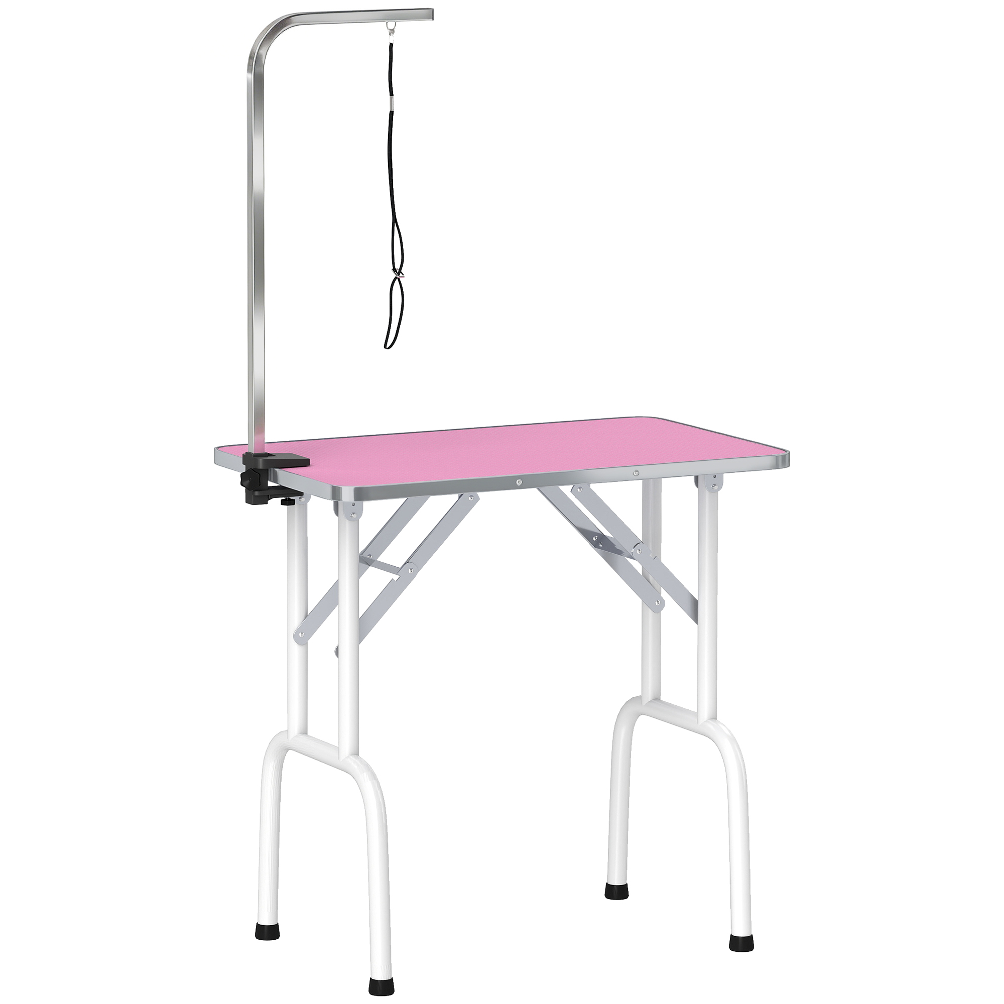 PawHut 32" Foldable Dog Grooming Table Pet Drying Beauty Table Adjustable Fixed Arm Rubber Top, Pink