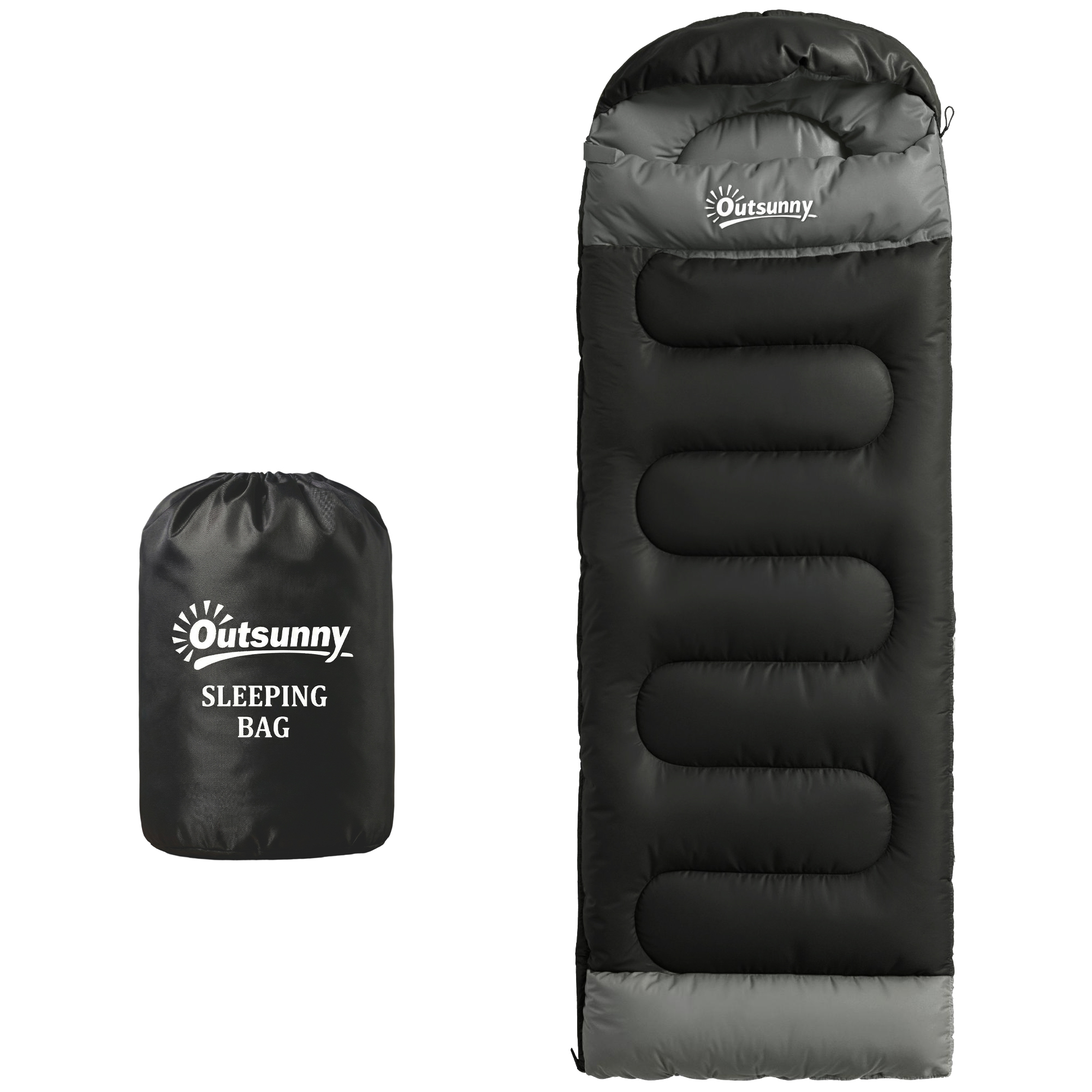 Outsunny Sac de Couchage Adulte, avec Section Tête, Fermeture Éclair et Sac de Rangement, 300 g/m², 215x75x10cm, Noir