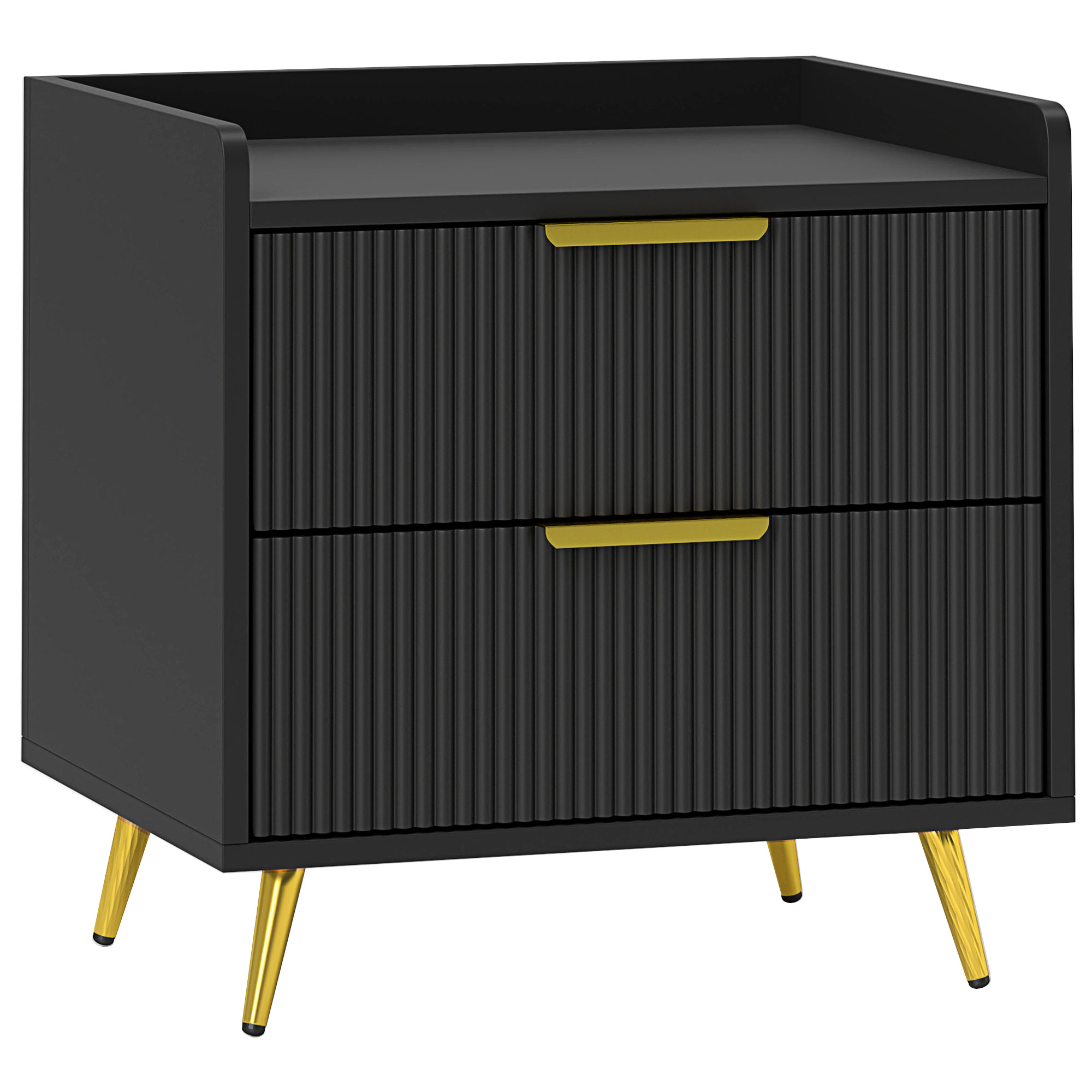 HOMCOM Nachttisch mit 2 gerillten Schubladen, goldfarbene Metallfüße, Nachtkästchen für Schlafzimmer, Wohnzimmer, 50 x 40 x 50 cm, schwarz Aosom