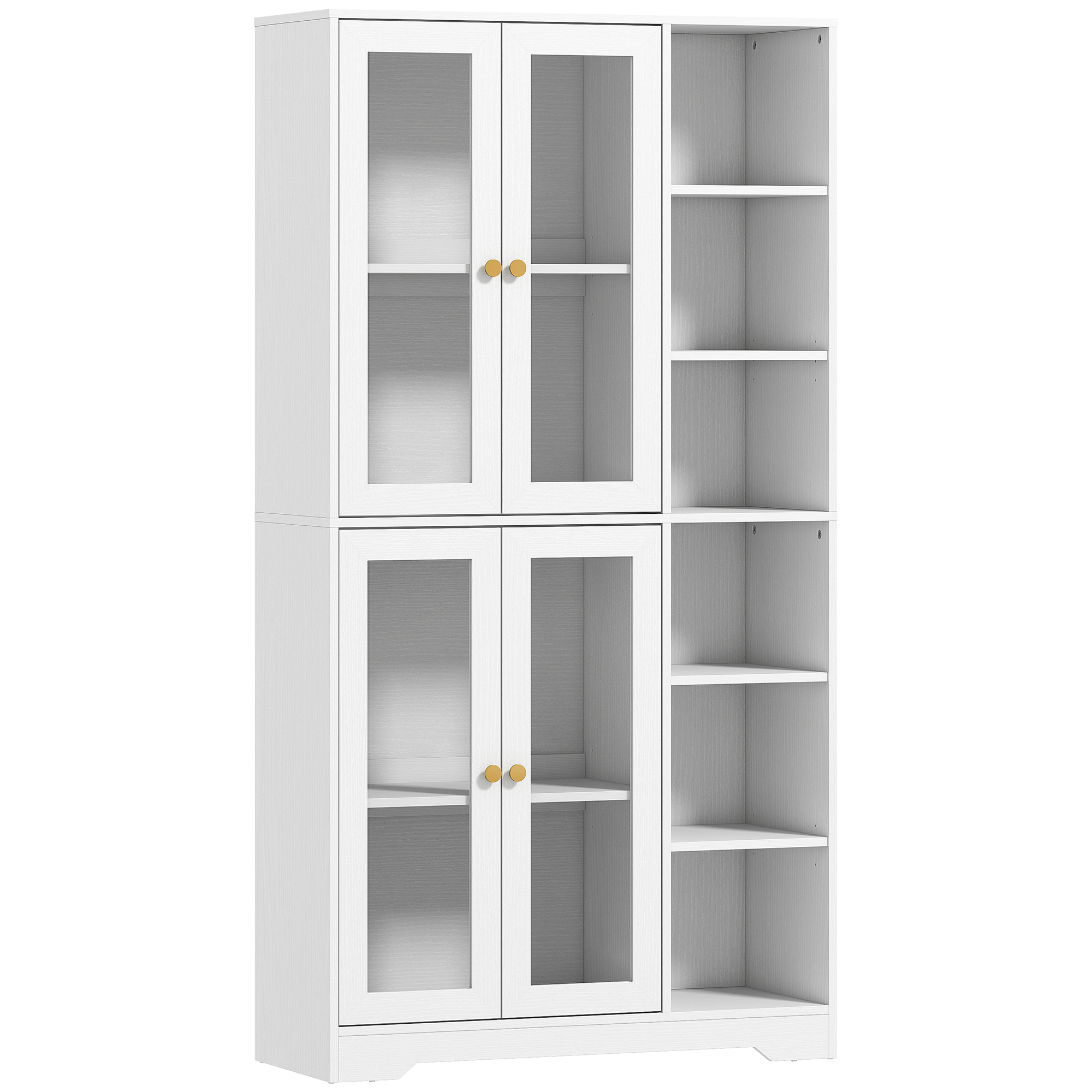HOMCOM hoher Küchenbuffet, Vitrinenschrank mit 4 Soft-Close-Glastüren aus gehärtetem Glas, verstellbare Einlegeböden und 6 offene Fächer, Aufbewahrungsmöbel für Wohn- und Esszimmer, weiß Aosom