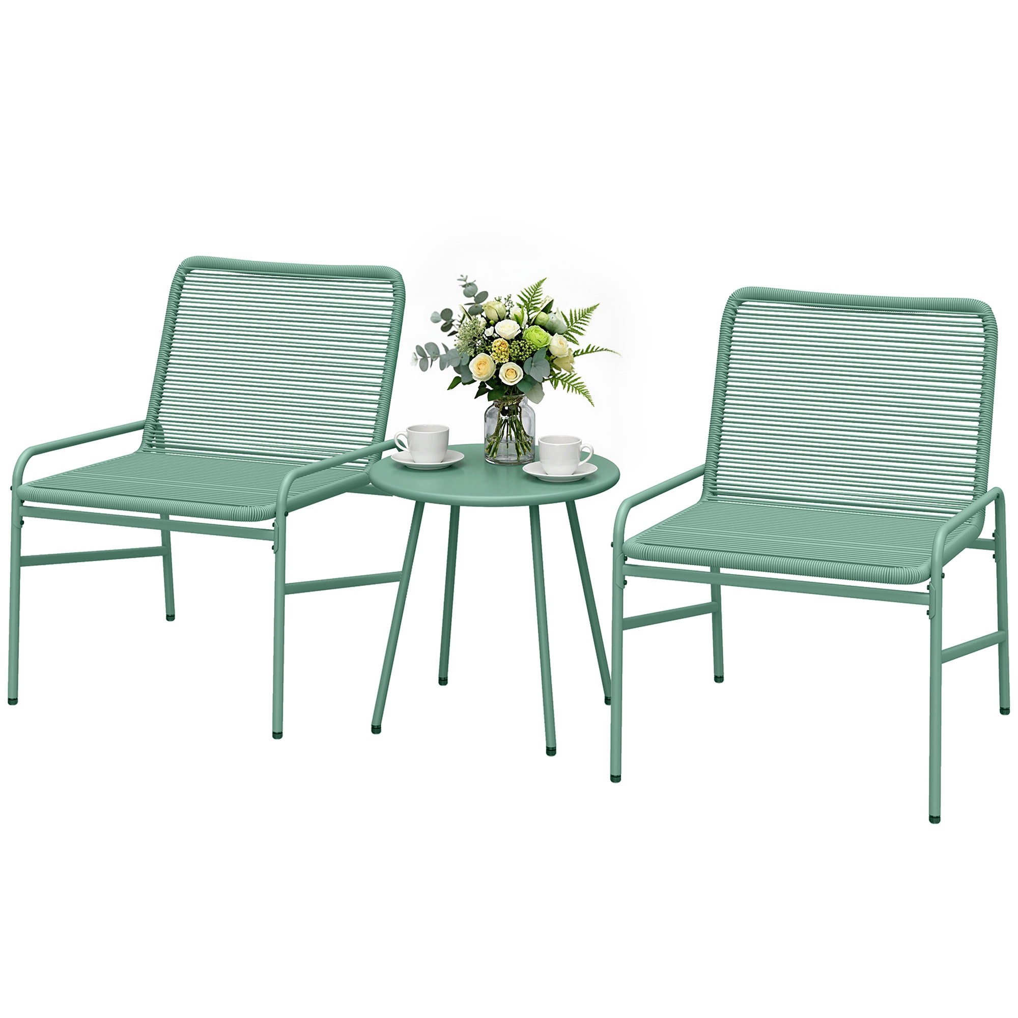 Outsunny Salon de Jardin Extérieur 3 Pièces en Résine Tressée et Acier, Table de Jardin Ronde avec 2 Chaises, 58x67x75cm, Vert