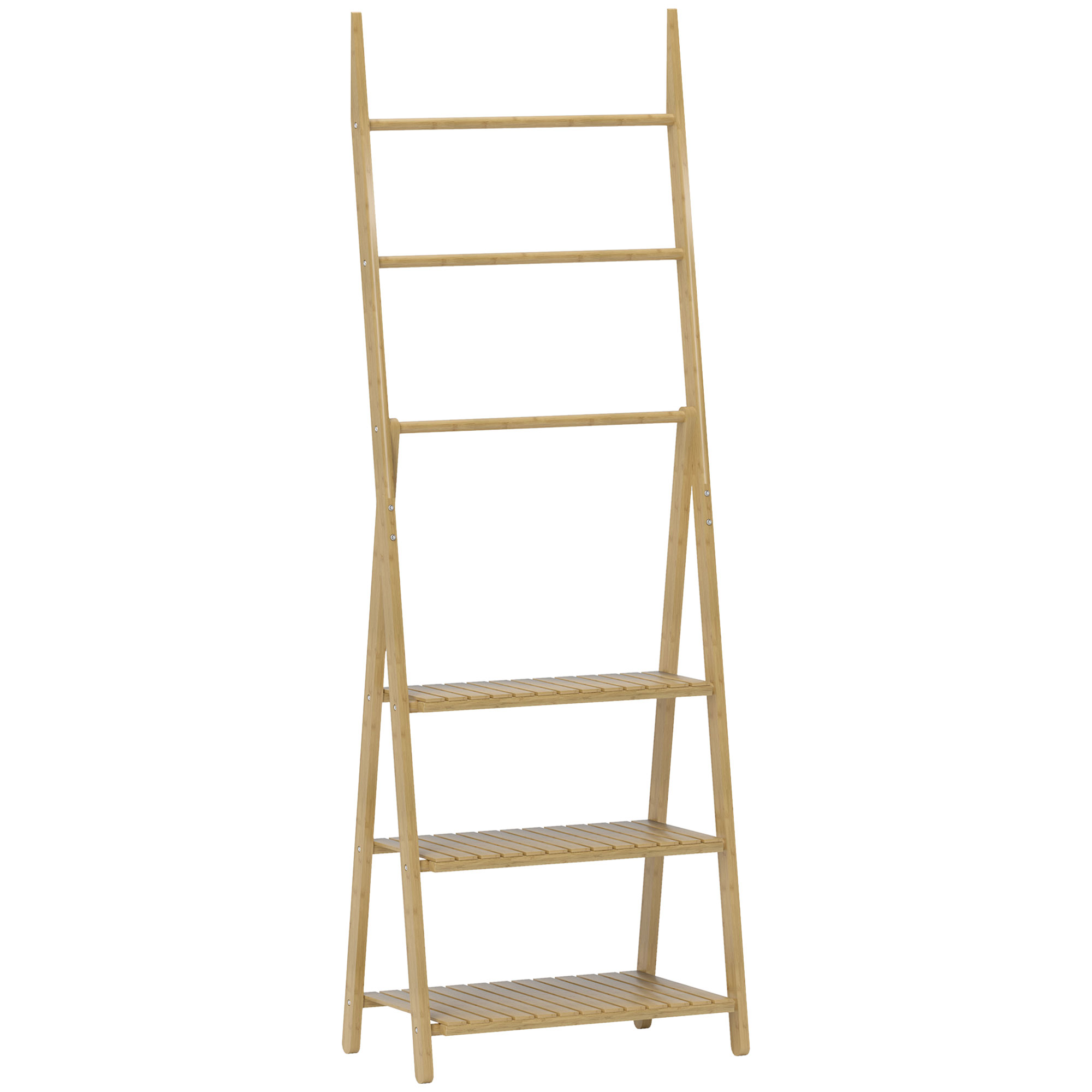 HOMCOM Badregal, Badezimmerregal mit 3 Ebenen, Aufbewahrungsregal aus Bambus, A-Form Standregal mit Handtuchhalter für Badezimmer, Wohnzimmer, Küche, 53,5 x 30 x 153 cm, Naturholz Aosom