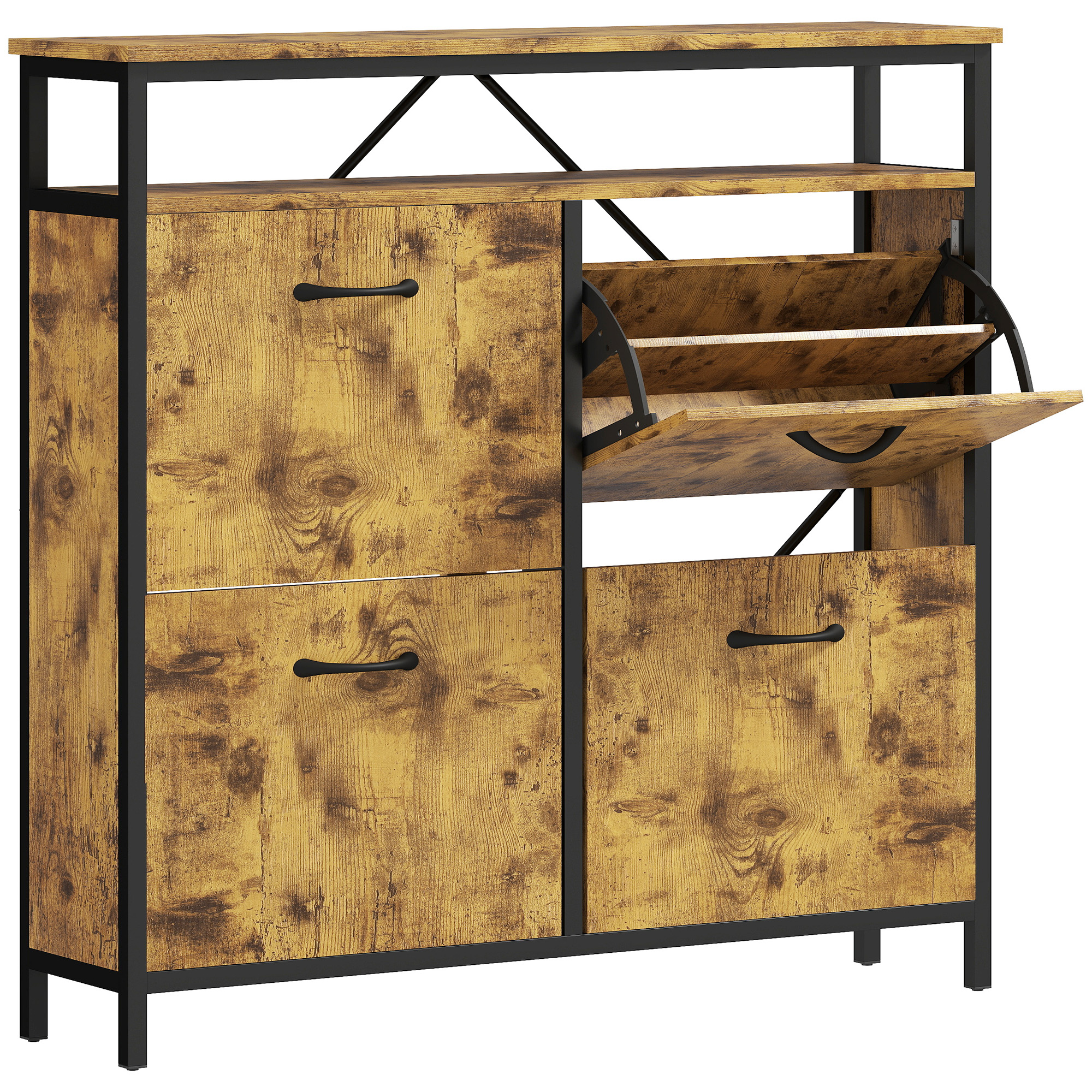 HOMCOM Schuhschrank mit 4 Klappen Schmal Schuhkipper mit Verstellbar Trennwand, offenem Fach Schuhregal für 12-20 Paar Schuhe Schuhaufbewahrung Schuhkommode für Flur, Eingang 98x24x95cm Rustikal Braun Aosom
