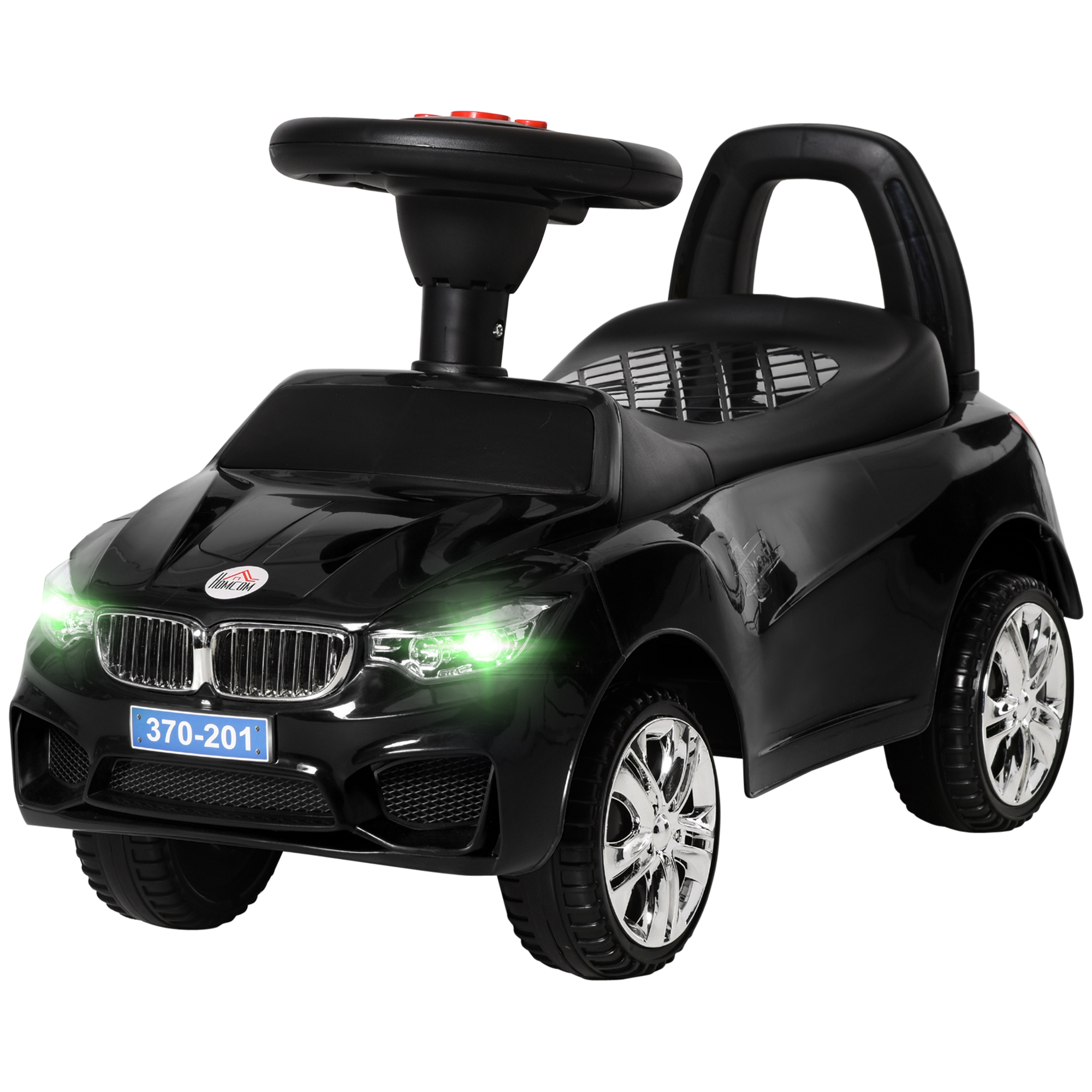 HOMCOM Porteur enfants voiture, véhicule à pousser avec coffre à jouets, klaxon, phares et musique, 63,5 x 28 x 36 cm, noir