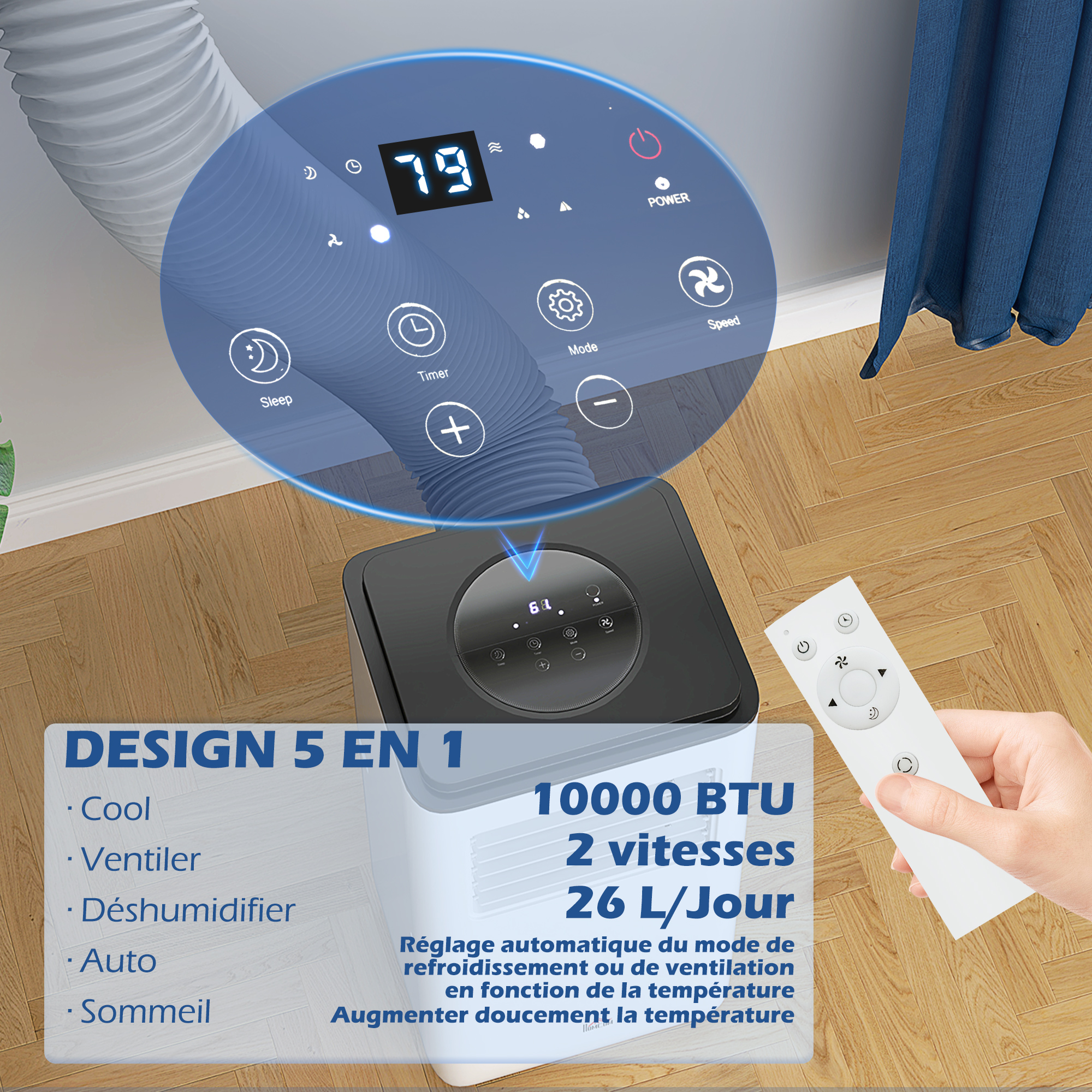 Climatiseur portable de 10 000 BTU - Unité AC portable 3 en 1 avec déshumidificateur et ventilateur, climatiseur de pièce silencieuse - Refroidit jusqu'à 450 m² - Télécommande - Kits d'installation