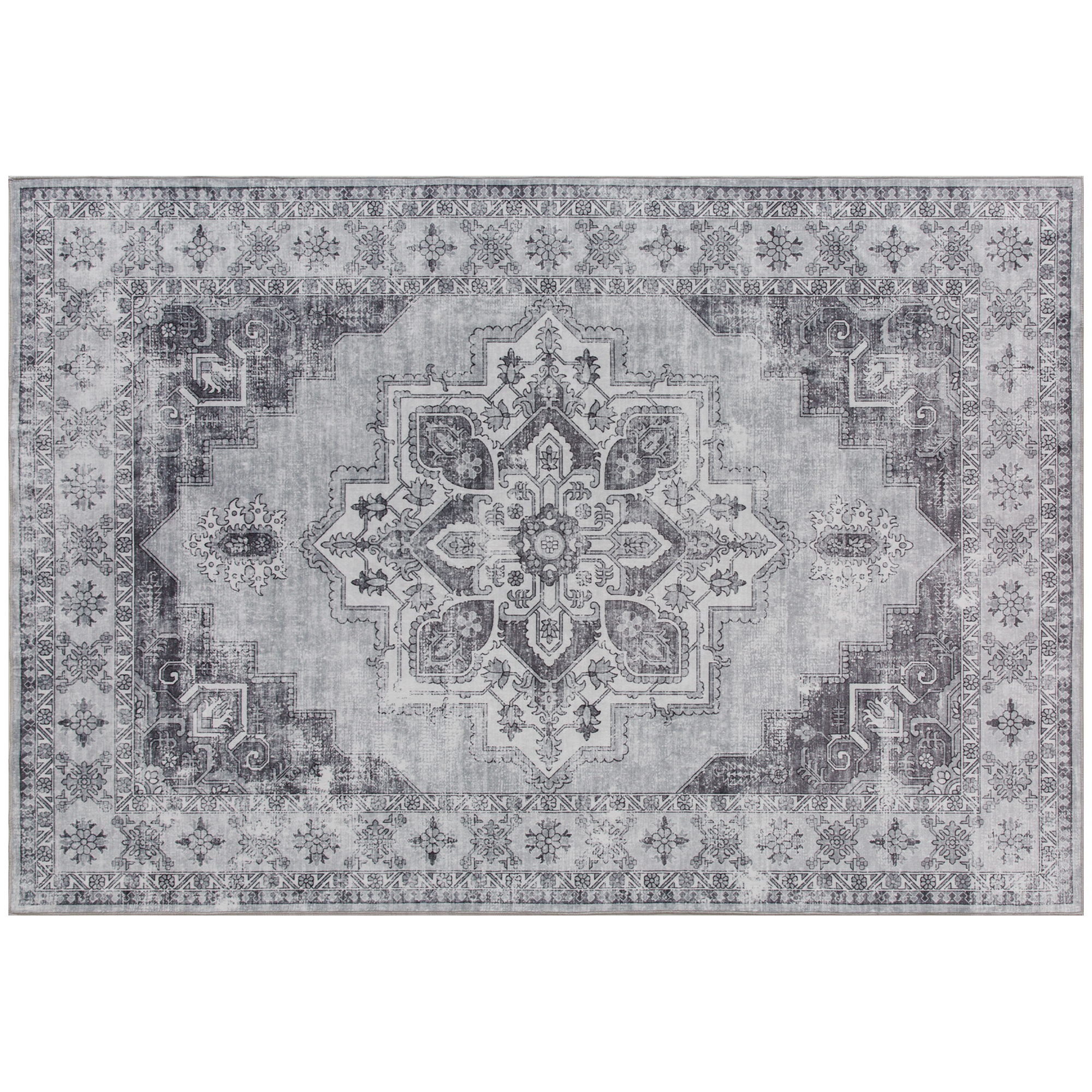 HOMCOM Teppich Maschinenwaschbar Anti-Rutsch Wohnzimmerteppich mit Flanell-Optik, Vintage Kurzflor Flächenteppich für Wohnzimmer Küche Terrasse Balkon, 230 x 160cm, Grau Aosom