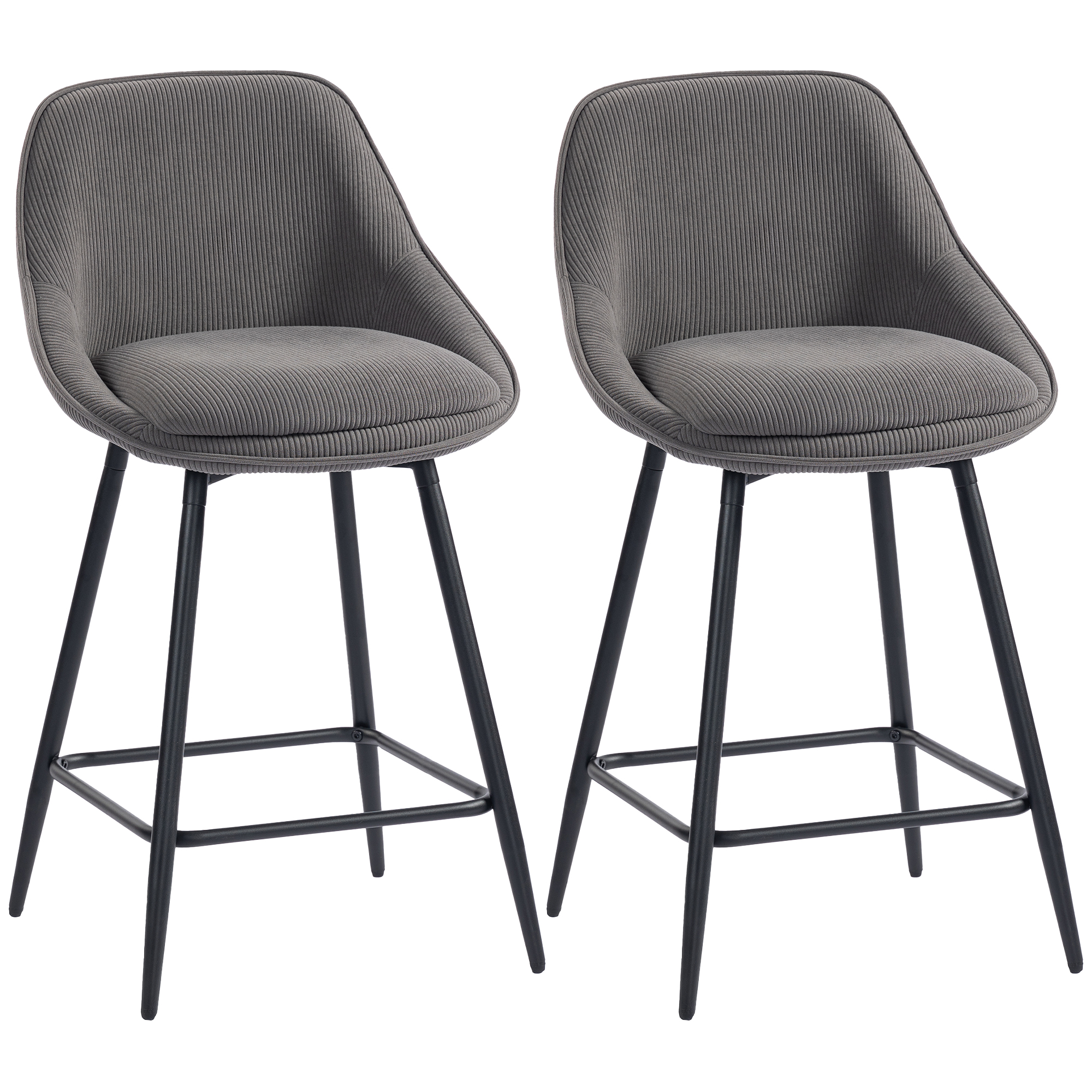 HOMCOM Barhocker 2er Set Tresenhocker Barstuhl mit Fußstütze, Rückenlehne, Kord-Optik, Sitzhöhe 65 cm Küchenstühle mit Stahlgestell Sessel für Küche, Esszimmer Grau Aosom