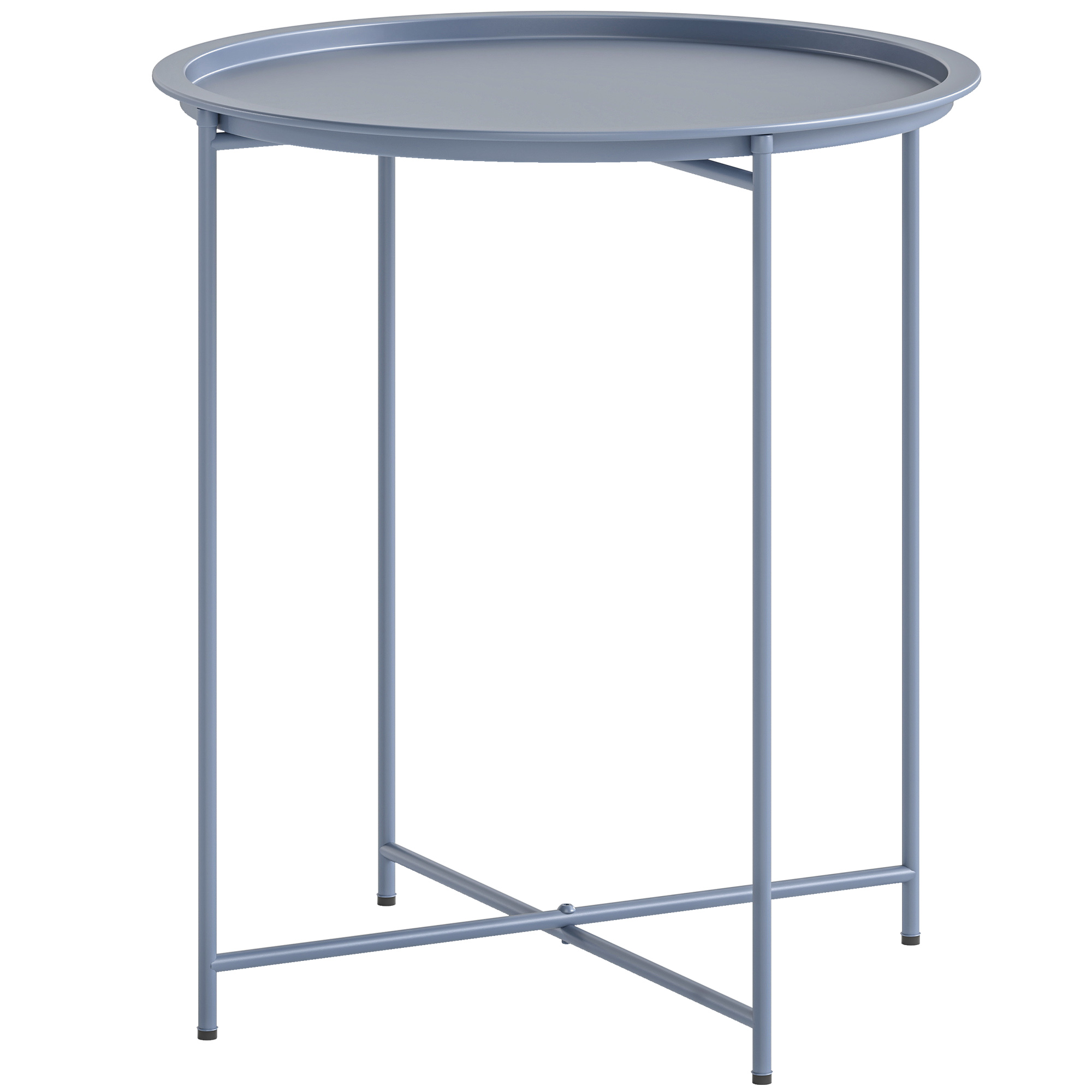Outsunny Table Basse Ronde Table d'Appoint Plateau Amovible avec Bord Relevé Pieds Pliables en Métal Ø46x50cm Bleu Gris