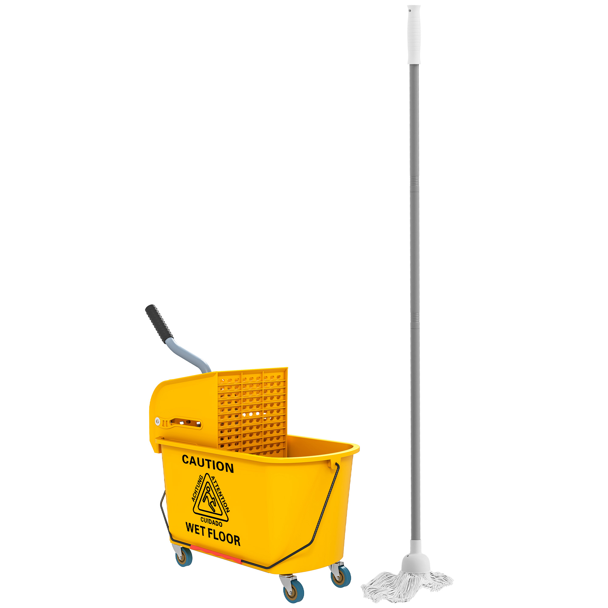 HOMCOM Reinigungswagen 20L Putzwagen mit Presse und Kehrgarnitur, Eimer inkl. Mopp, Rolle, für Haushalt und Gewerbe Gelb Aosom