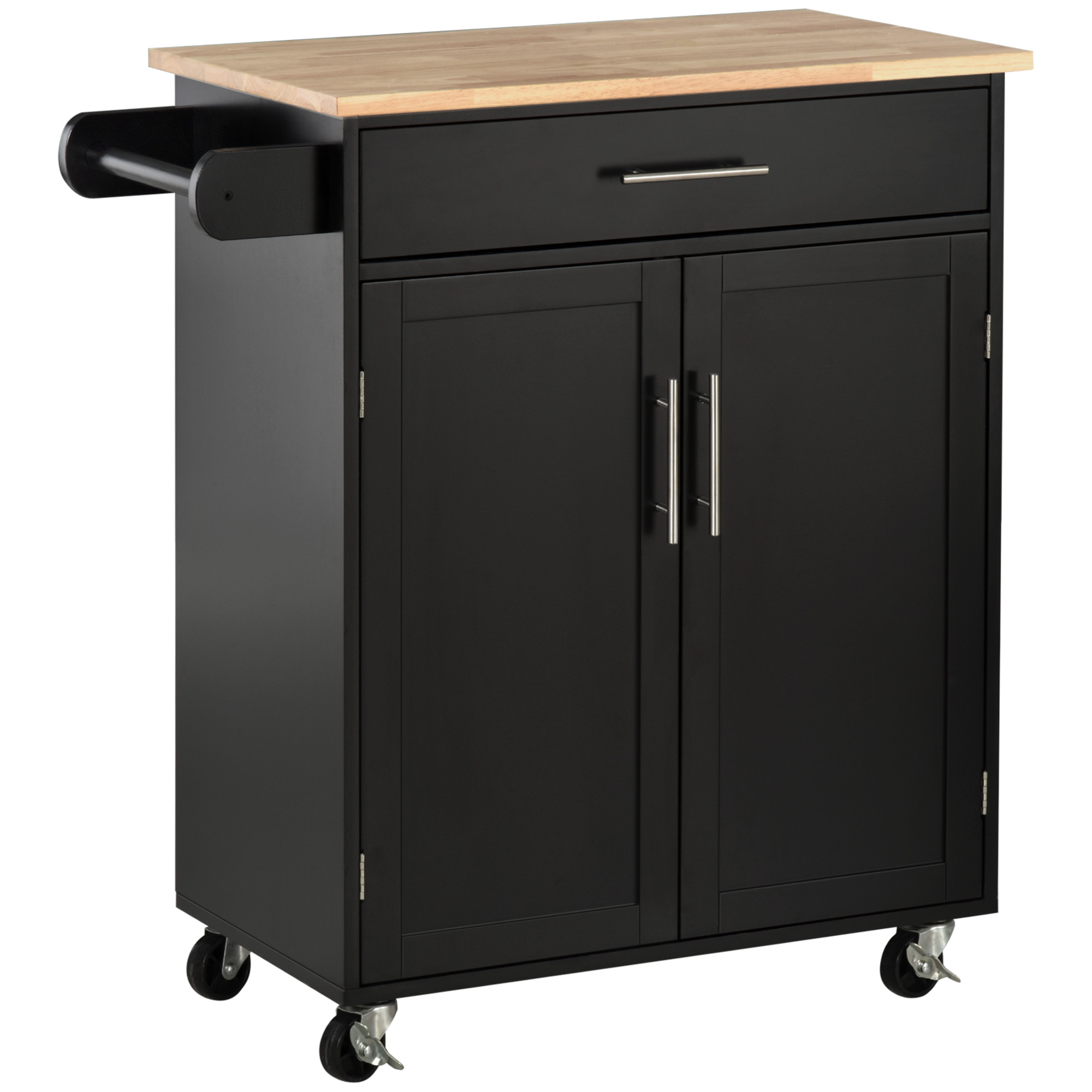 HOMCOM Cărucior de Bucătărie cu Sertar și Dulap cu 2 Uși, Insulă de Bucătărie cu roți și bară laterală, 83x45x91.5 cm, Negru | Aosom Romania