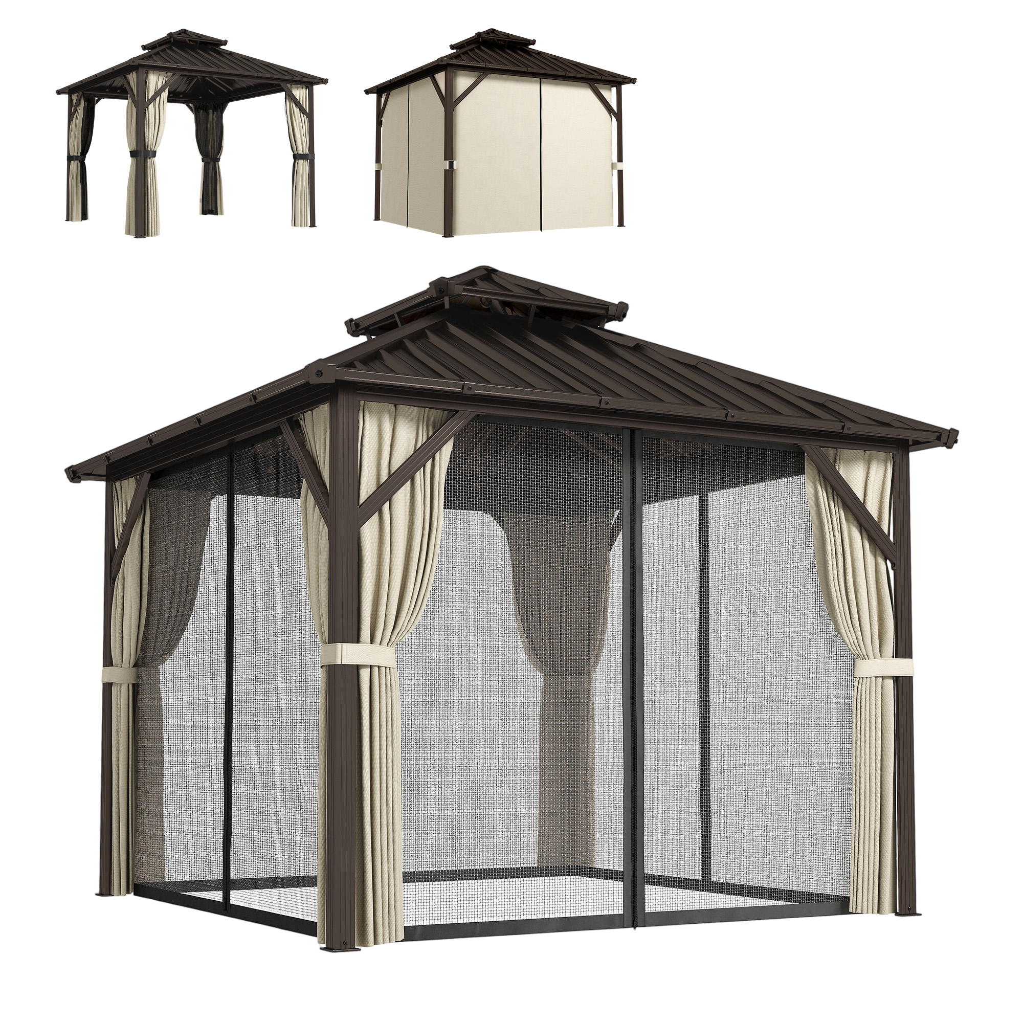 Outsunny 3x3 m Hardtop Gazebo Canopy with UPF50+ Double Galvanised Steel Roof, Aluminium Garden Gazebo Permanent Pavilion, Brown
