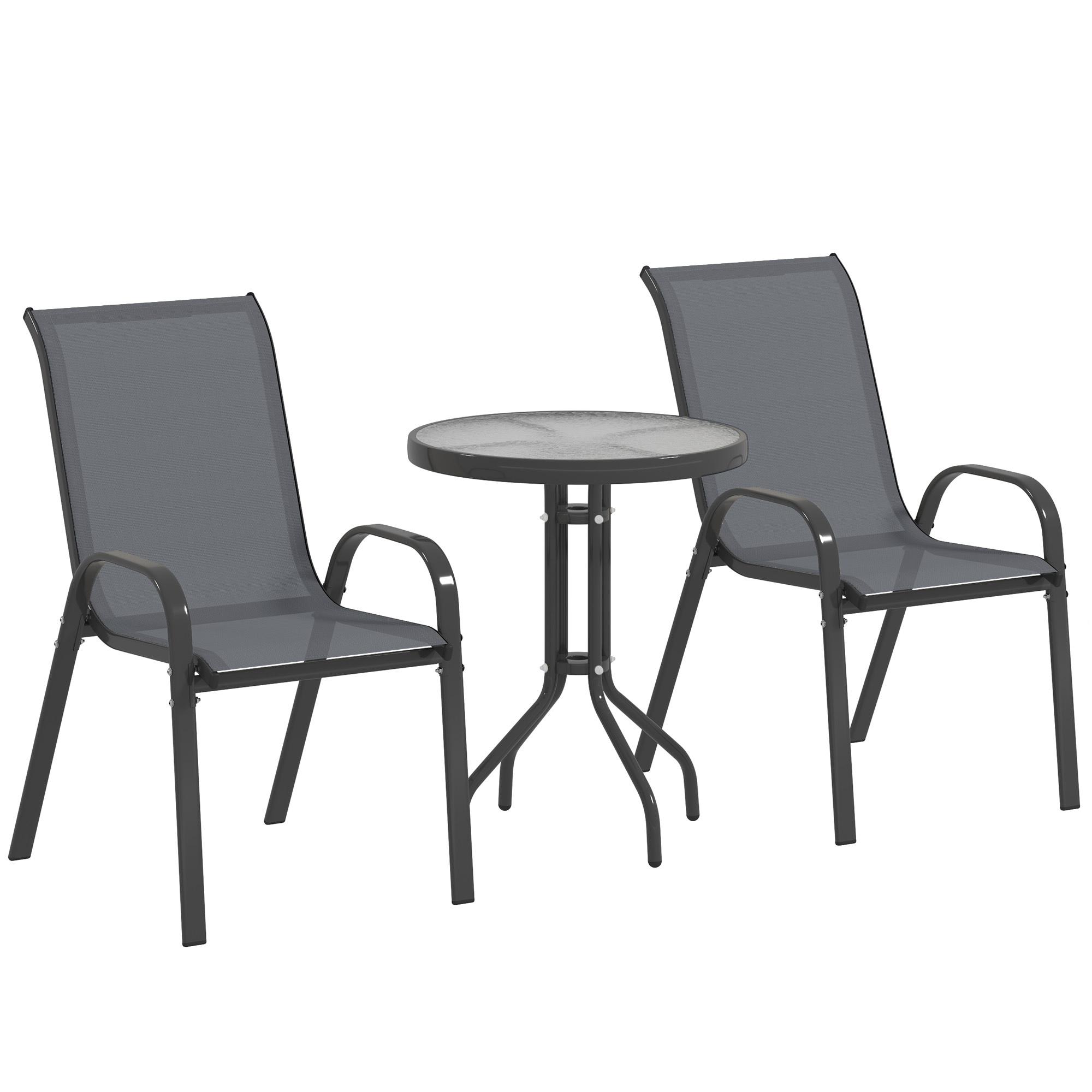 Outsunny Bistro-Set 3-teilig Wetterfest Gartenmöbel Set mit Glastisch Stapelbare Gartenstühlen Outdoor Balkonmöbel Set Sitzgruppe Balkonset Gartengarnitur Dunkelgrau Aosom