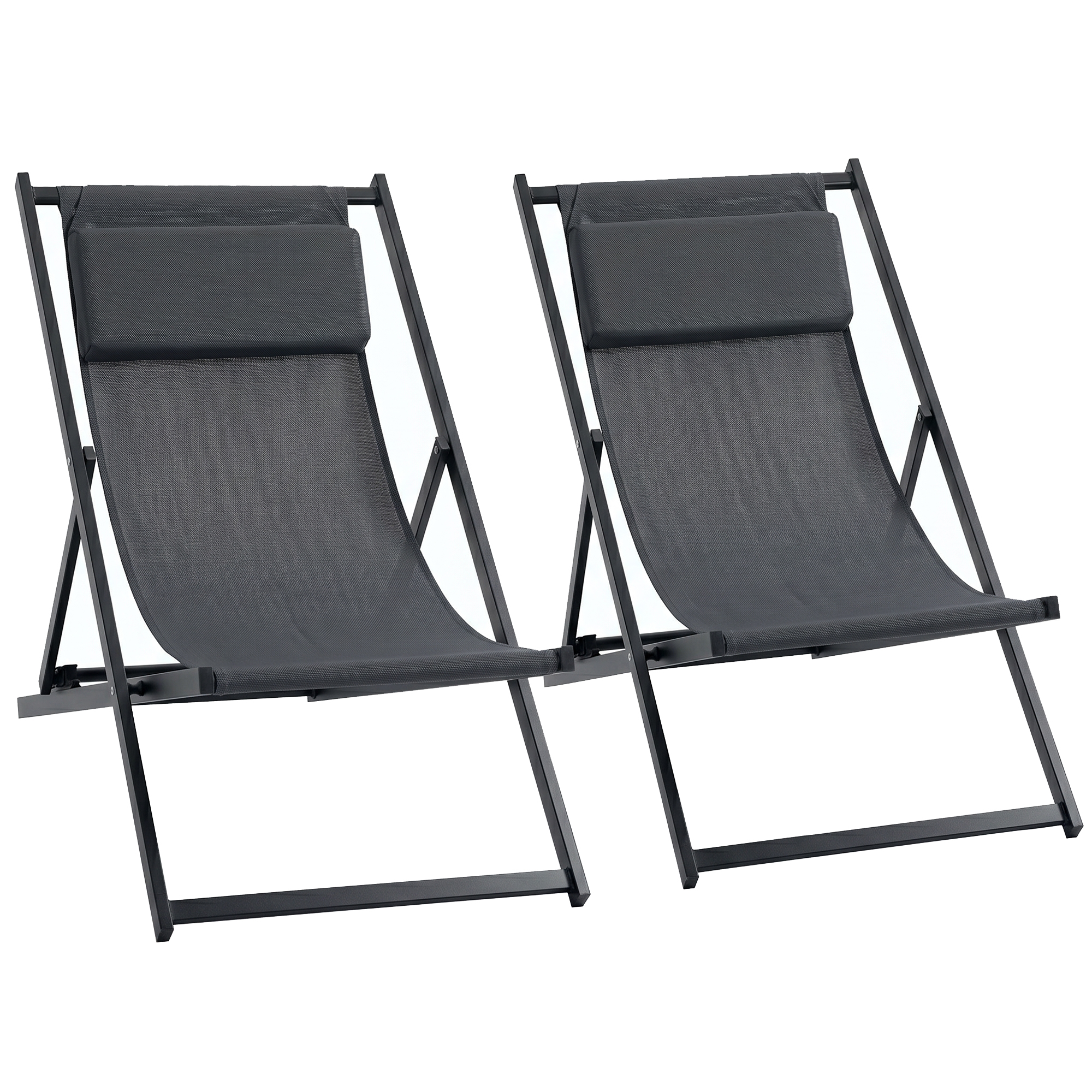 Outsunny Lot de 2 bain de soleil, chaise longue pliante avec appuie-tête en textilène inclinable 60 x 100 x 85 cm gris foncé
