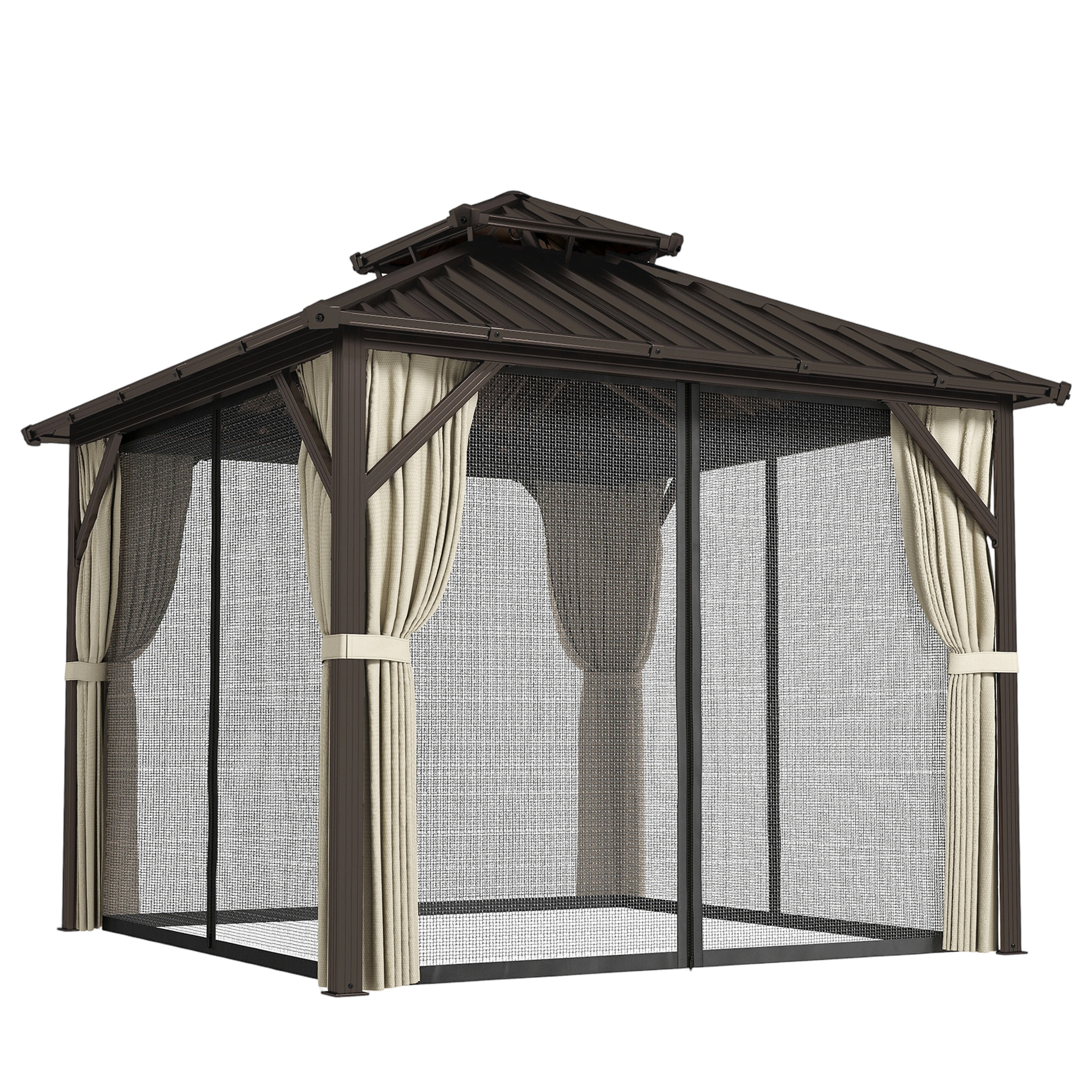 Outsunny 3x3 m Hardtop Gazebo Canopy with UPF50+ Double Galvanised Steel Roof, Aluminium Garden Gazebo Permanent Pavilion, Brown