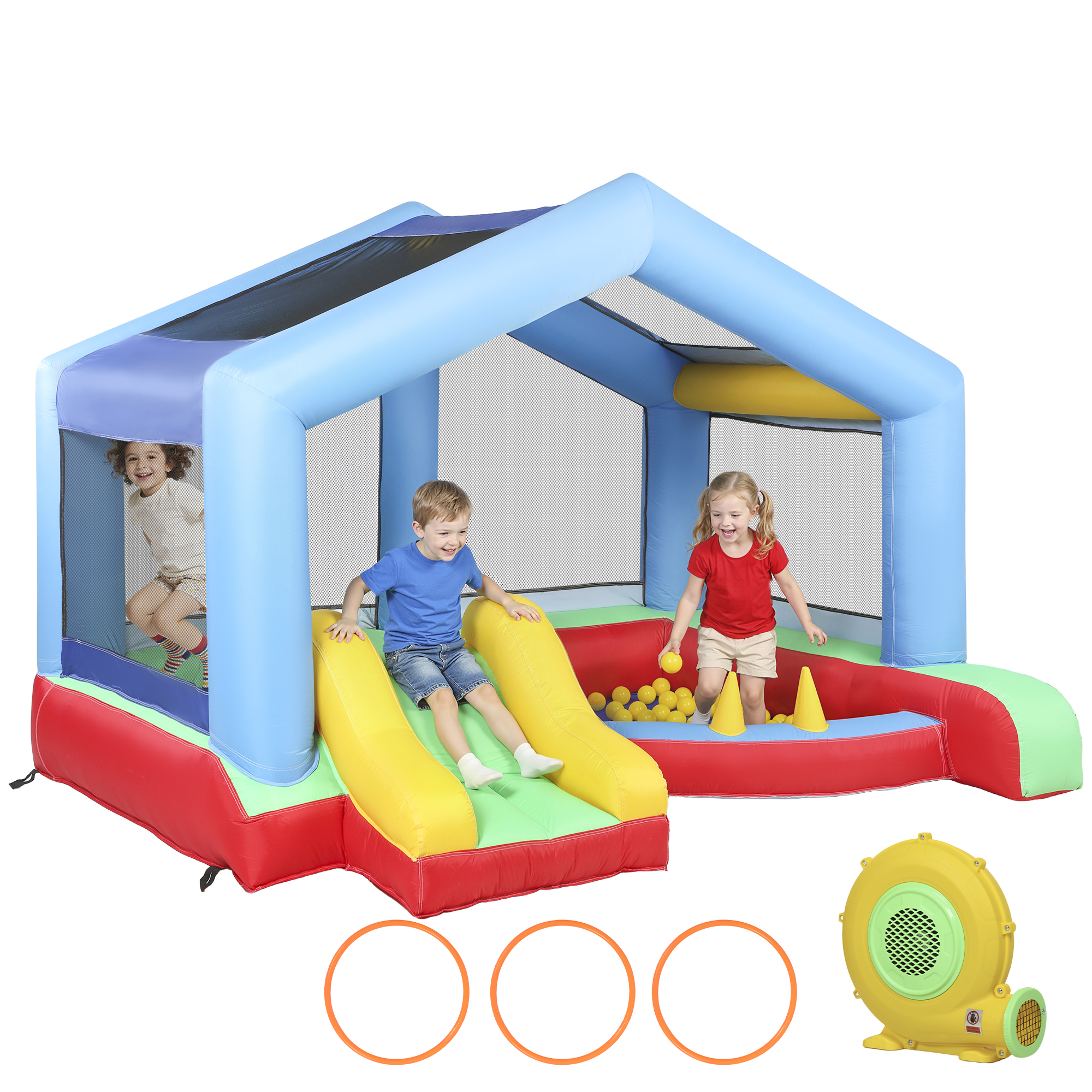 AIYAPLAY Château gonflable 4 en 1, aire de jeux avec souffleur, toboggan, piscine à balles, jeu de lancer d'anneaux, multicolore