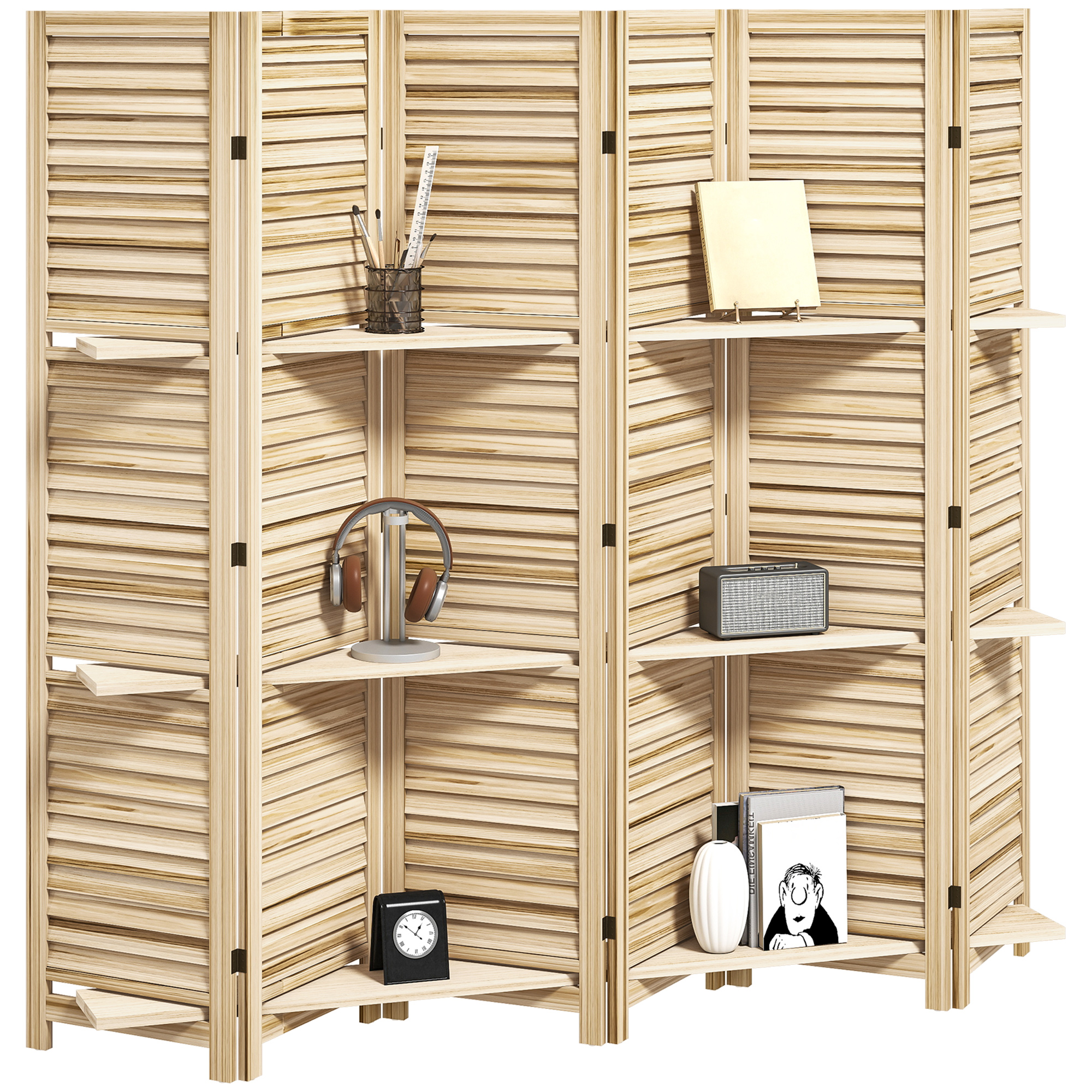 HOMCOM Paravent intérieur en bois 4 panneaux 160 x 170 cm, séparateur de pièce pliable 3 étagères, bois naturel effet brûlé