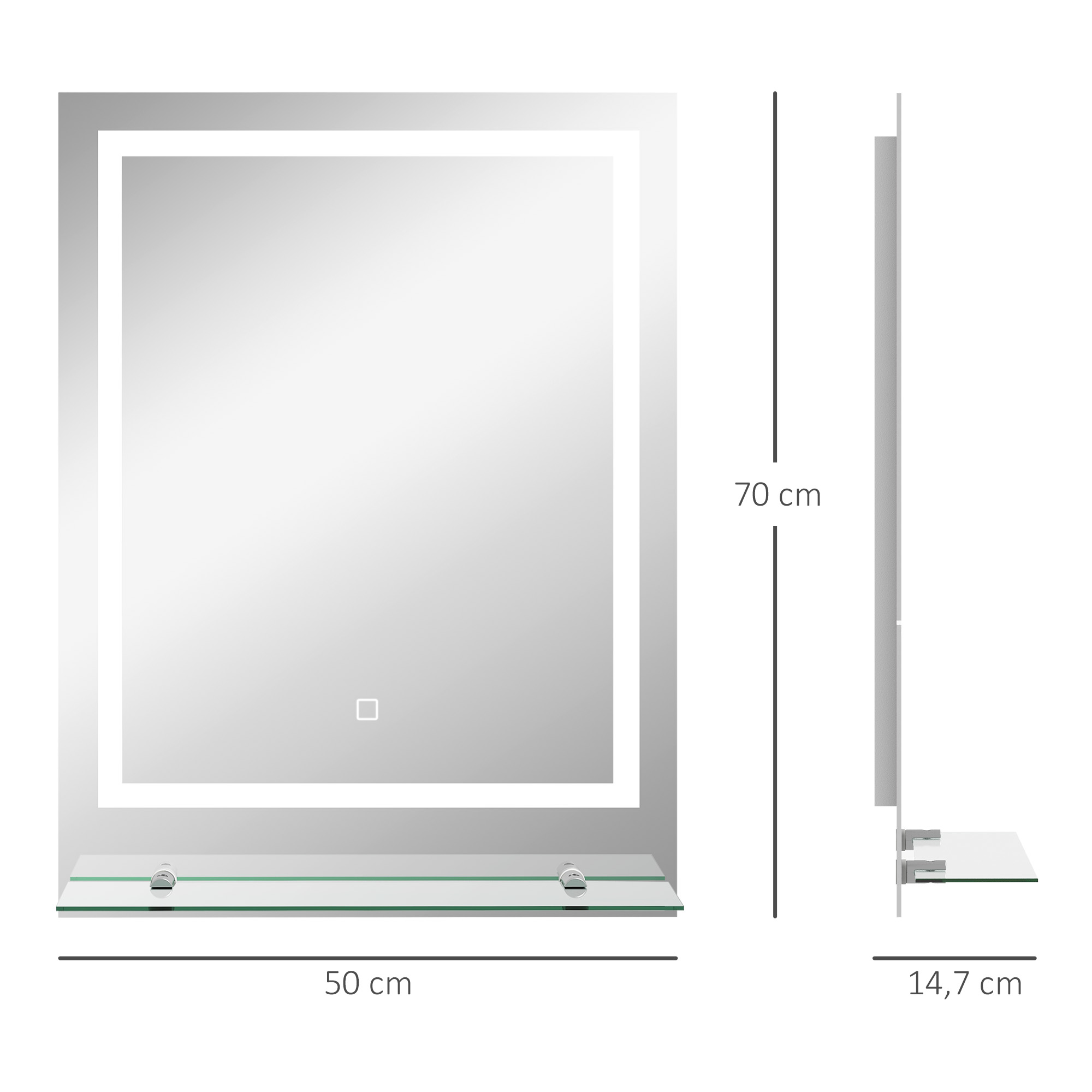Vannitoa peegel LED-valgustusega, 3 heledat värvi, uduvastane funktsioon, juhtmega, 70 x 50 cm