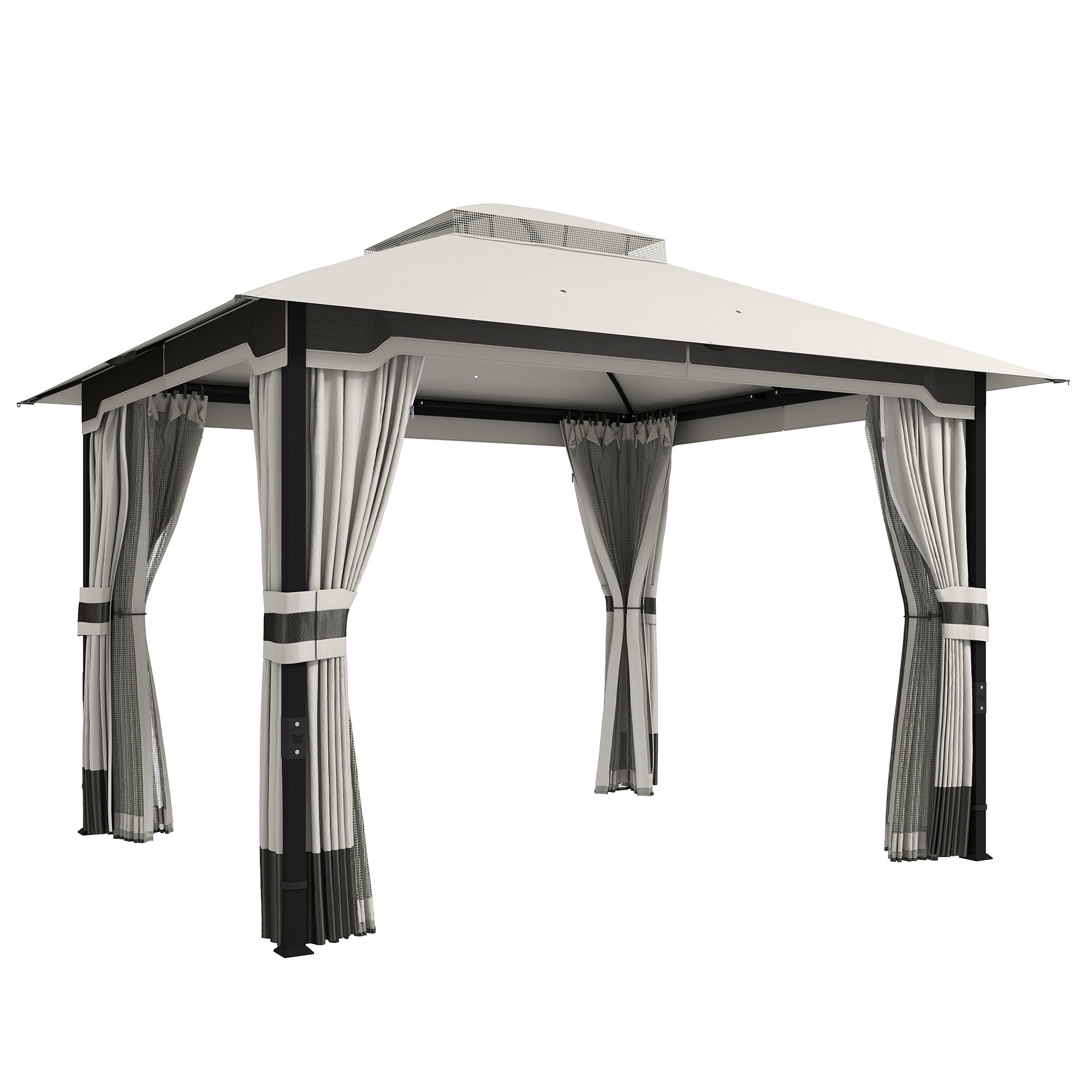 Outsunny 3 x 3.6 m Outdoor Garden Gazebo with Netting and Curtains, Double Roof Patio Gazebo Permanent Pavilion, Light Grey