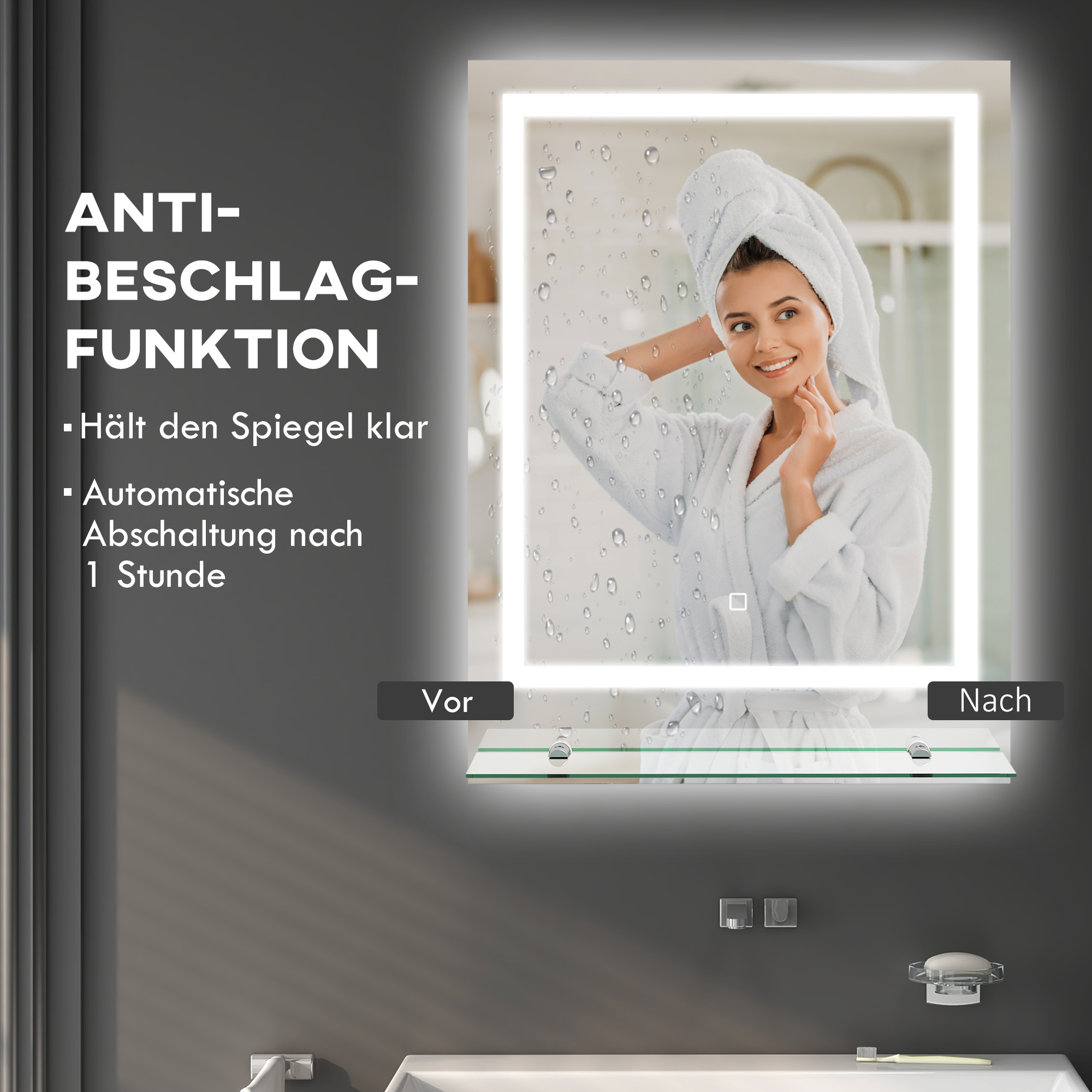 Vannitoa peegel LED-valgustusega, 3 heledat värvi, uduvastane funktsioon, juhtmega, 70 x 50 cm
